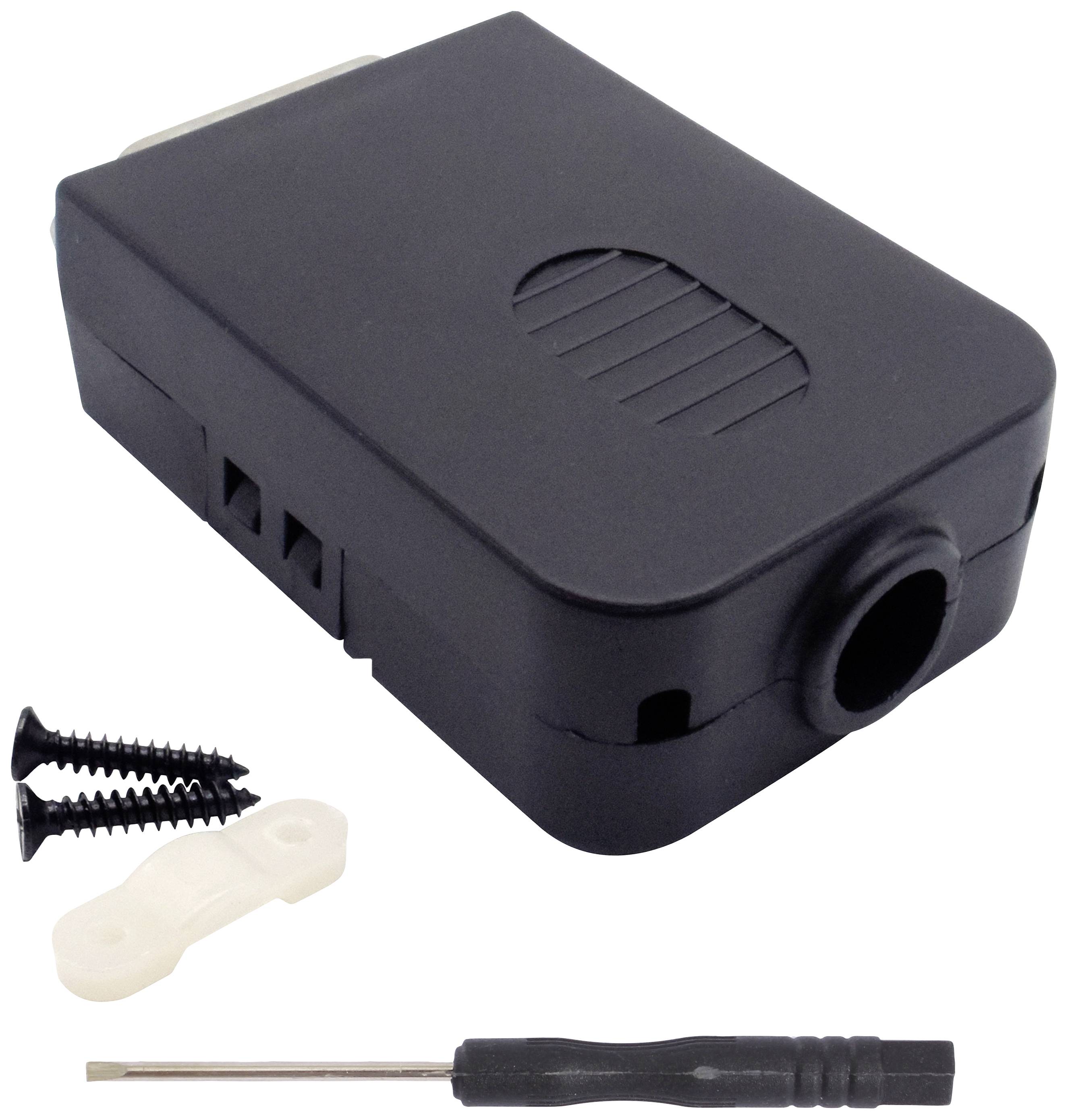 Ein schwarzes elektronisches Gerät mit abgerundeten Kanten, daneben ein kleiner Schraubenzieher sowie zwei Schrauben und eine Kunststoffhalterung.