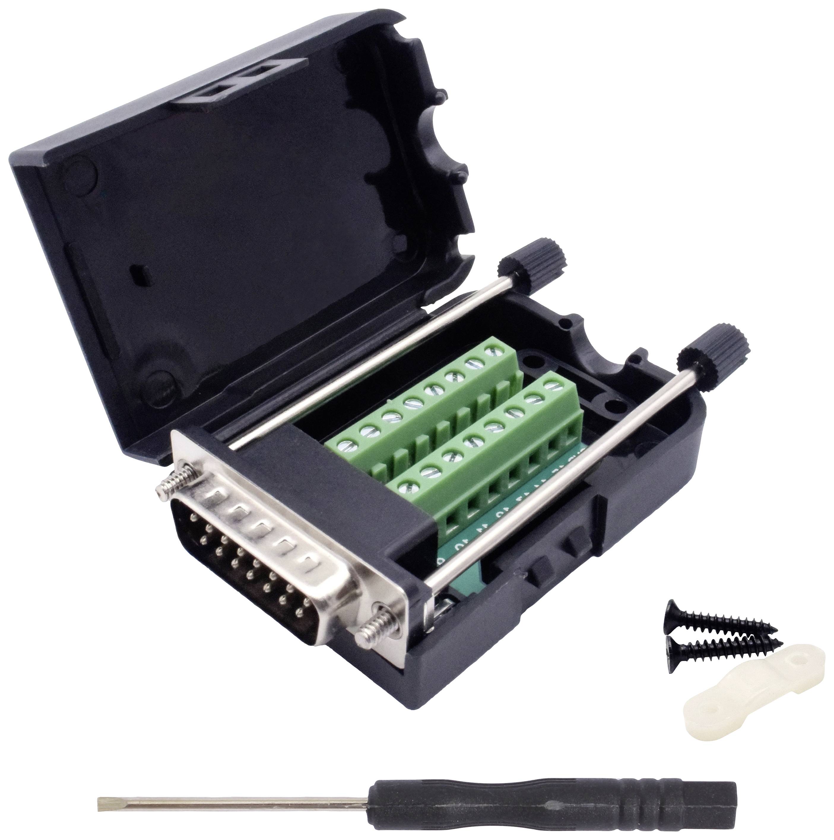 DB9-Stecker: Gehäuse geöffnet zeigt grüne Anschlussklemmen innen. Beiliegende Schrauben und schwarzer Schraubendreher daneben.