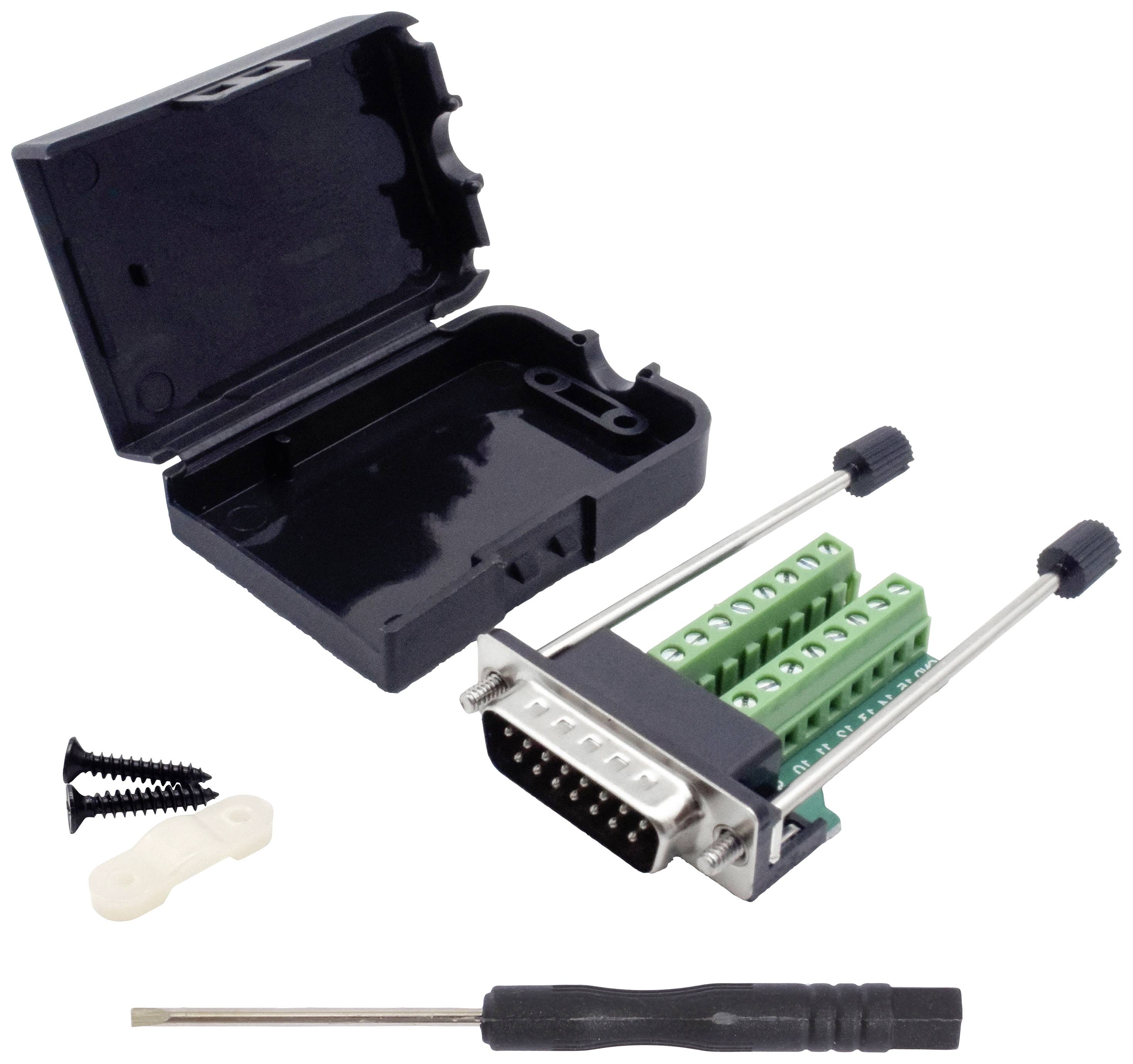 DB9-Stecker-Kit mit Gehäuse, grünen Terminalblöcken, Schrauben und Schraubenzieher. Für RS232-Verbindungen und Elektronikprojekte.