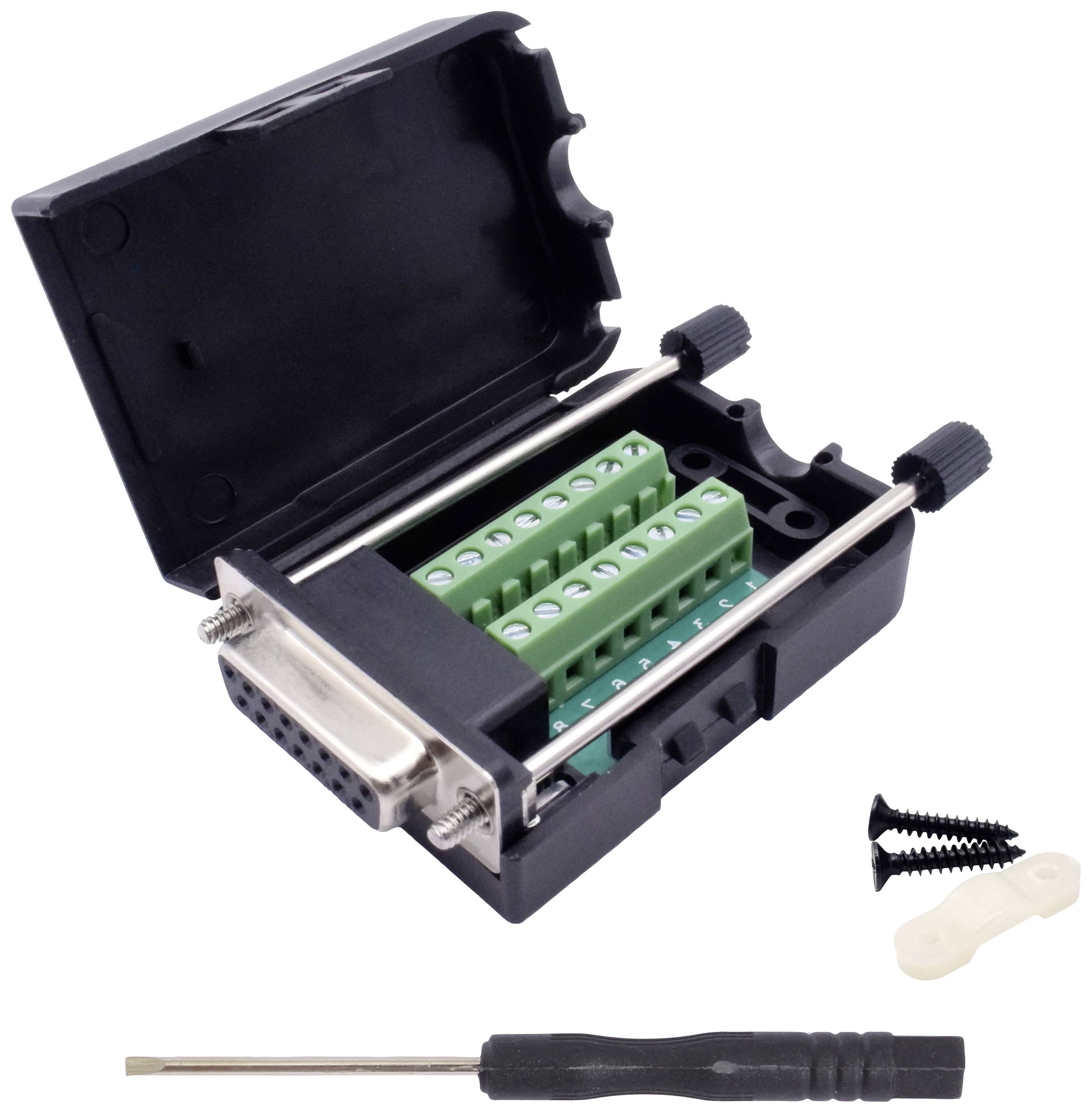 Offenes elektronisches Gehäuse mit einer grünen Anschlussleiste und einem DB9-Stecker, daneben ein kleiner Schraubenzieher und Montageschrauben.