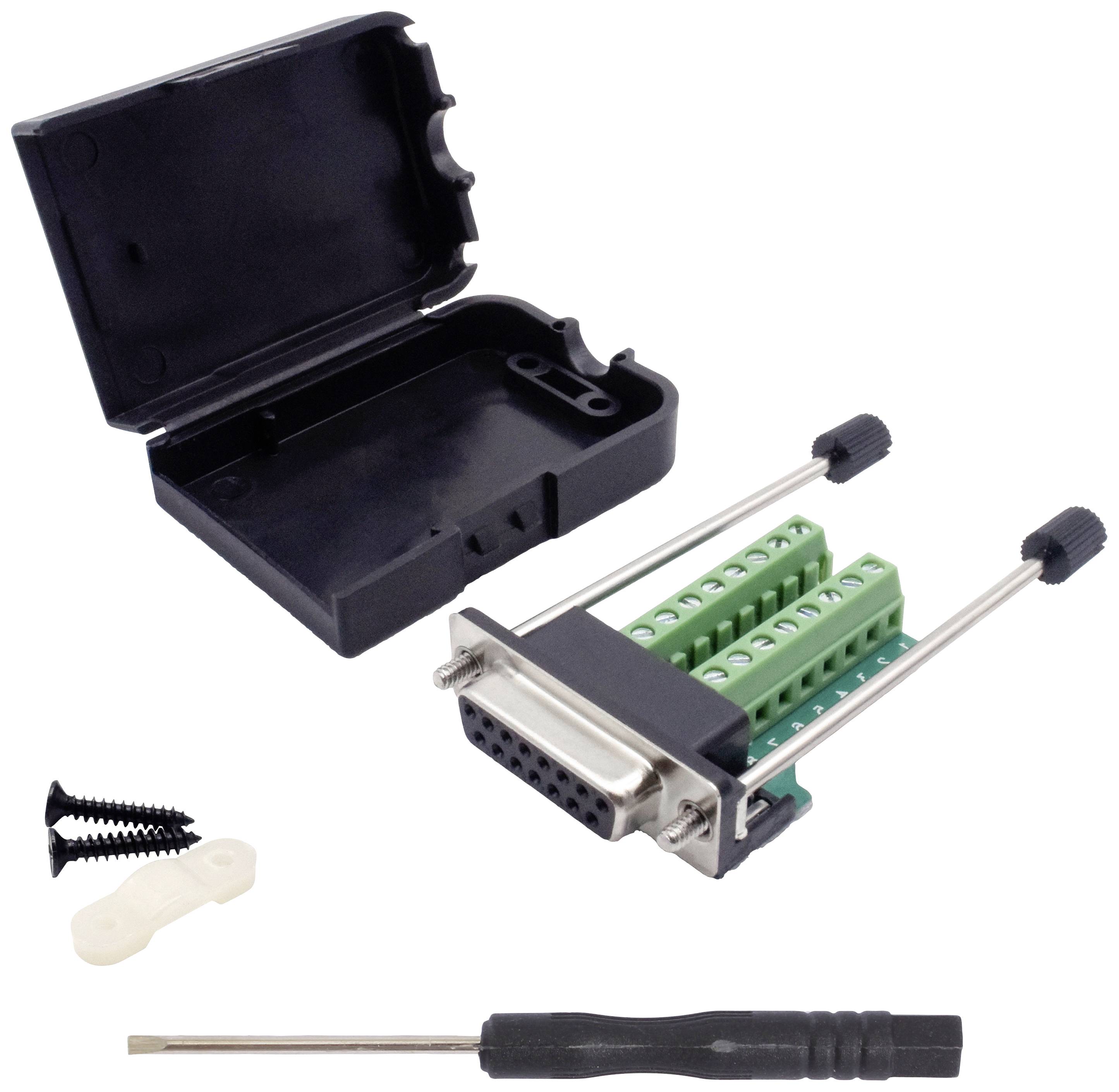 Gehäuse für D-Sub-Stecker mit Schrauben und Schraubendreher, geeignet für die Montage von Kabelverbindungen. Enthält auch eine Kabelklemme.