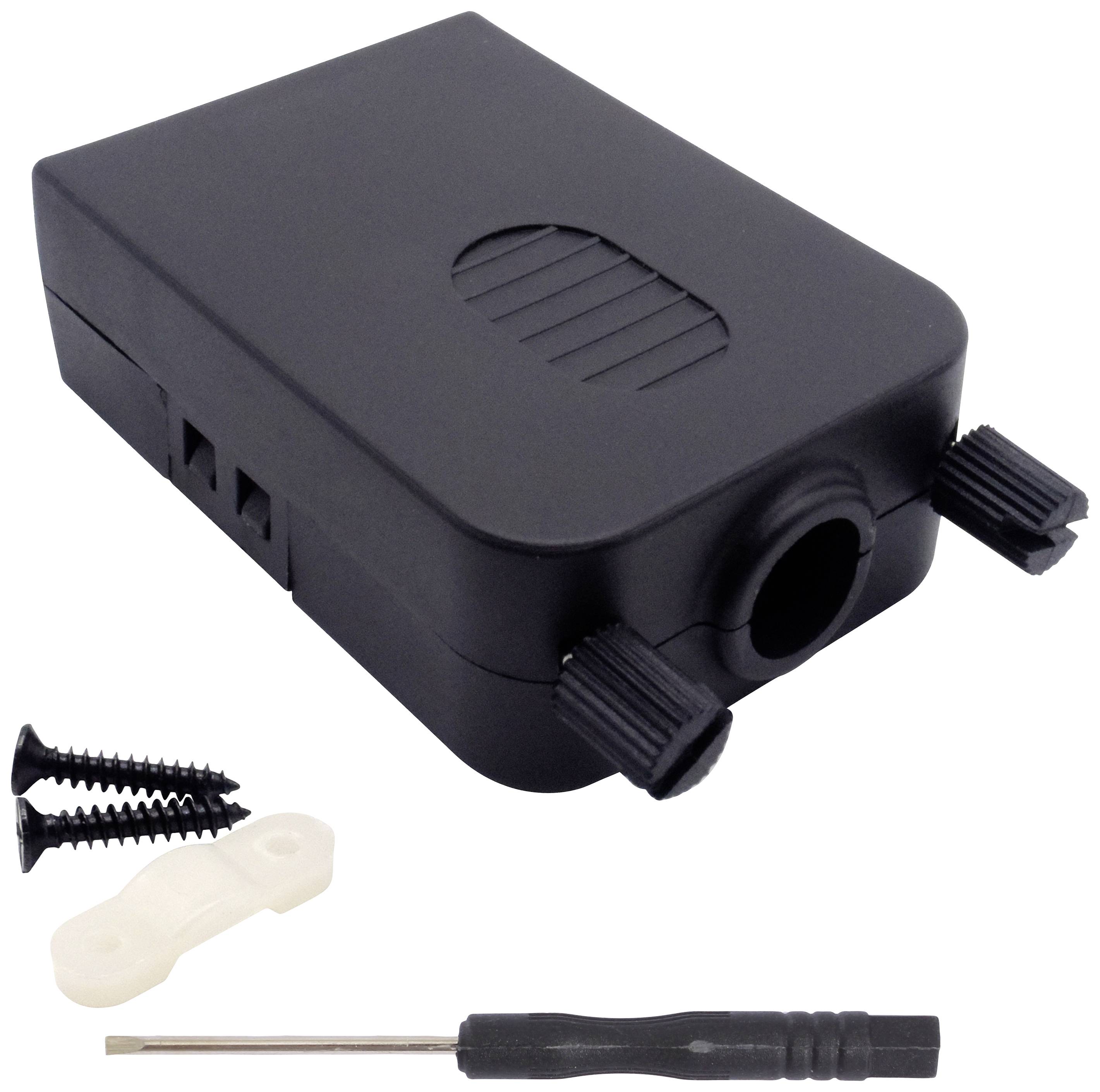 Schwarzes Kunststoffgehäuse mit vier Belüftungsschlitzen. Daneben liegen zwei Schrauben, eine weiße Kunststoffhalterung und ein Schraubendreher.