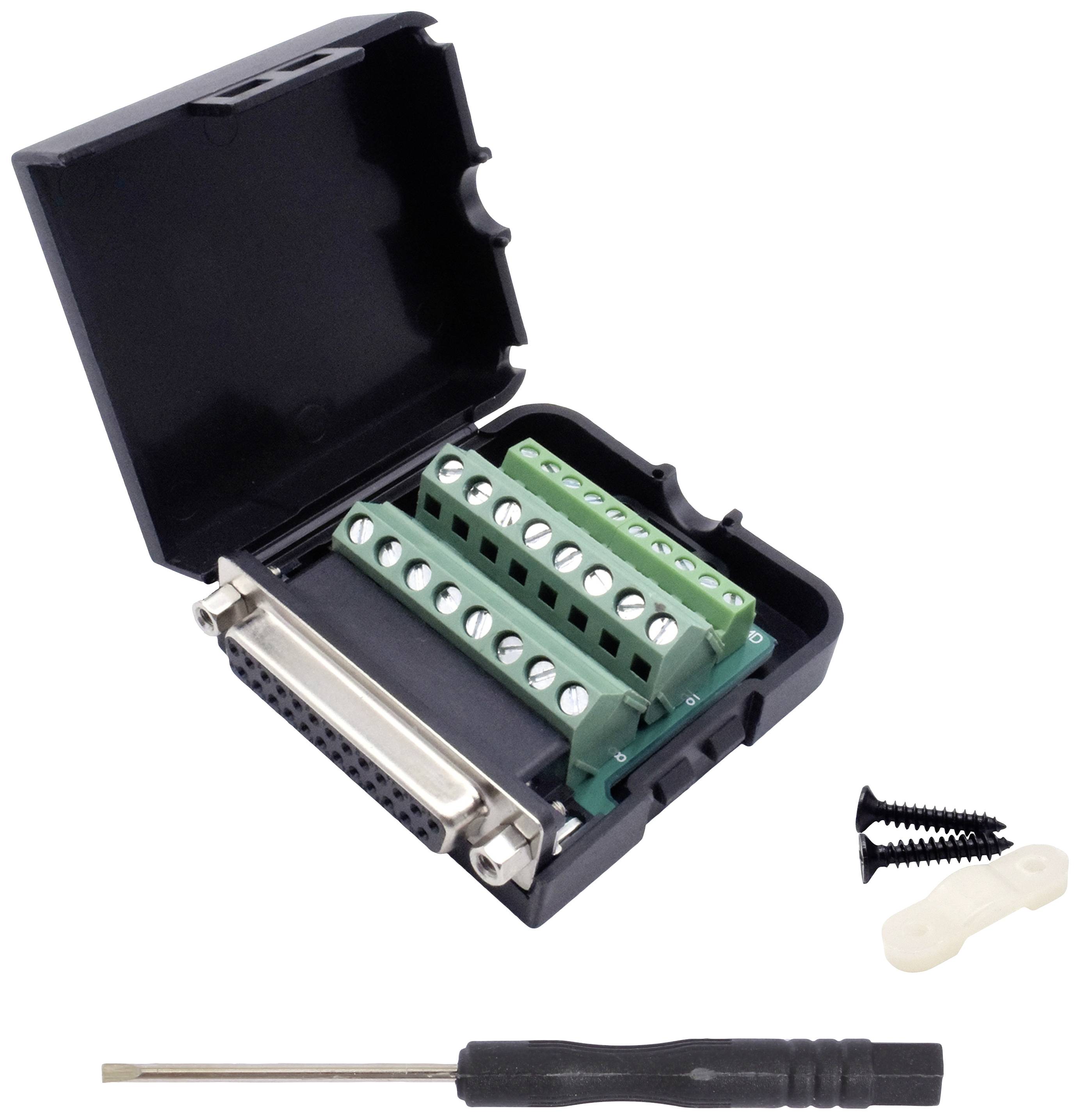 Abgebildet ist ein DB25-Anschlusskasten mit offenem Deckel, dazu gehören Schraubenzieher, Schrauben und Kabelbinder für die Montage.