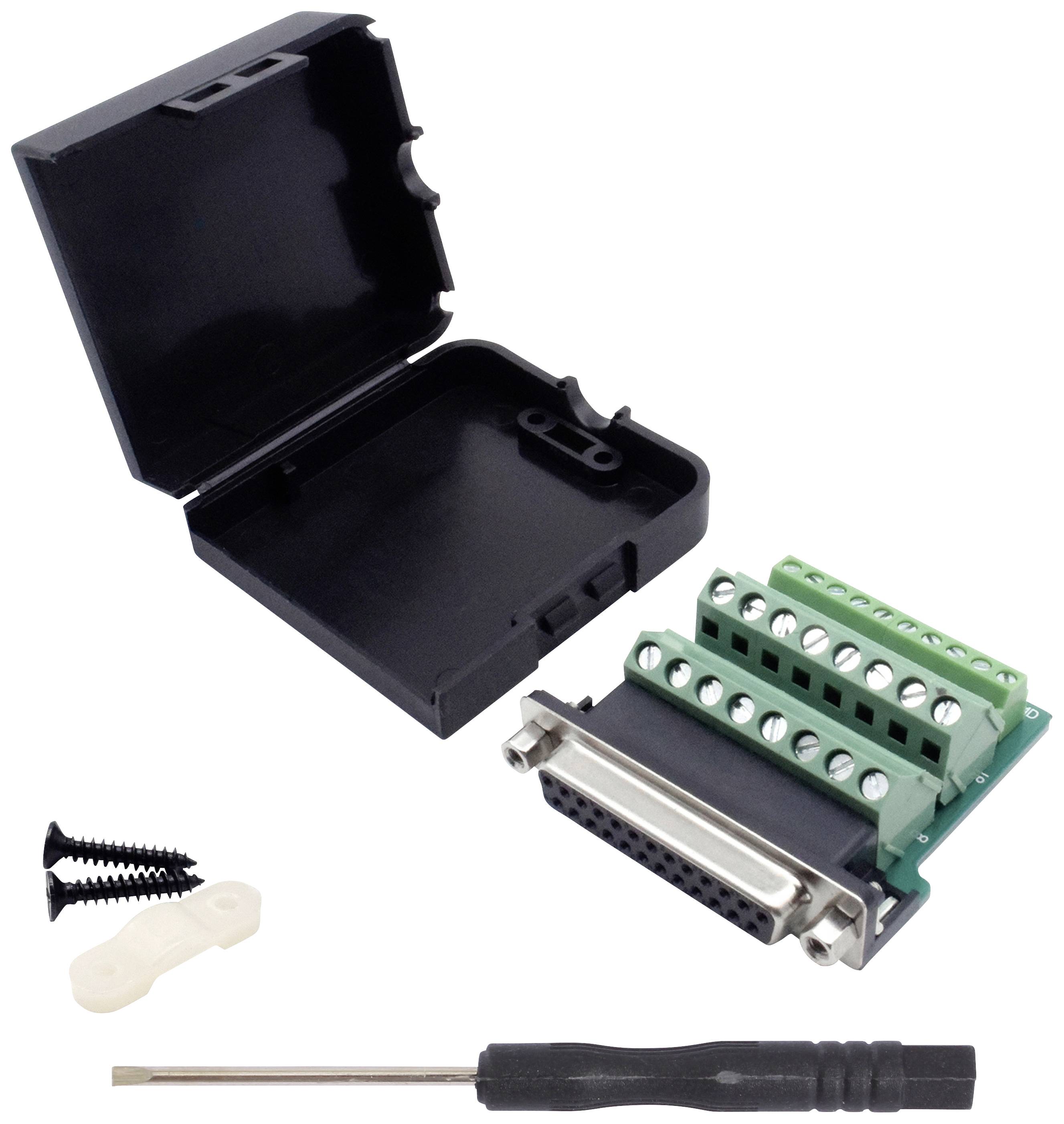 D-Sub-Stecker-Kit mit Gehäuse, Schrauben und Schraubendreher zum Anschluss an Drähte. Enthält mehrere grüne Anschlussklemmen.