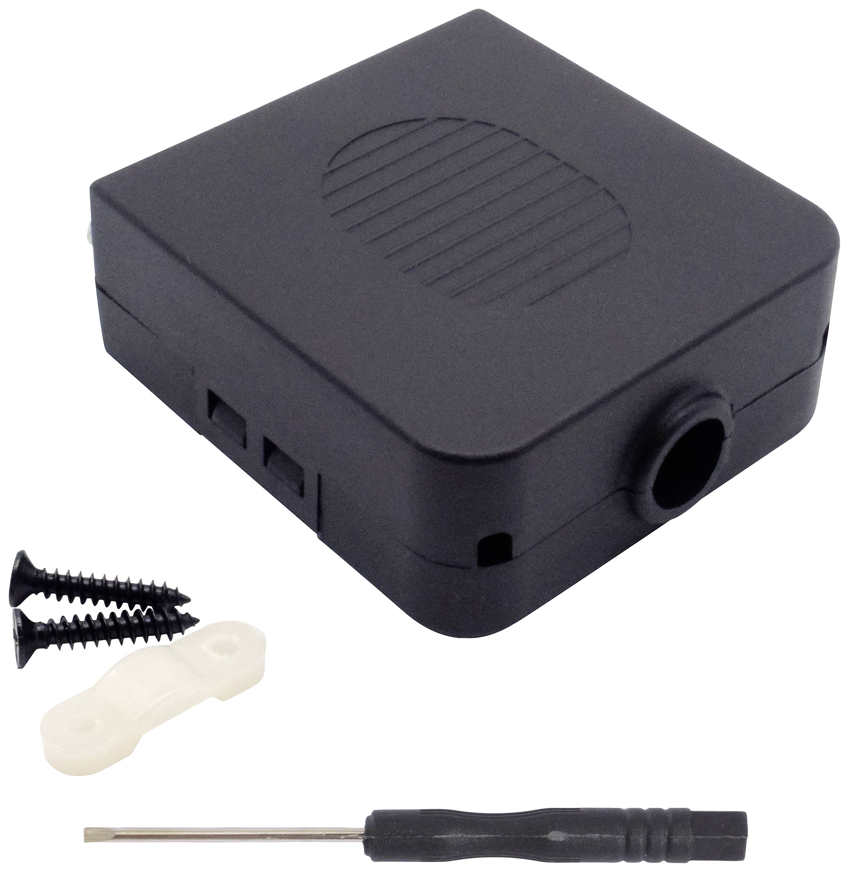 Ein schwarzes Kunststoffgehäuse mit ovalen Rillen, zwei Schrauben, eine weiße Halterung und ein kleiner Schraubendreher.