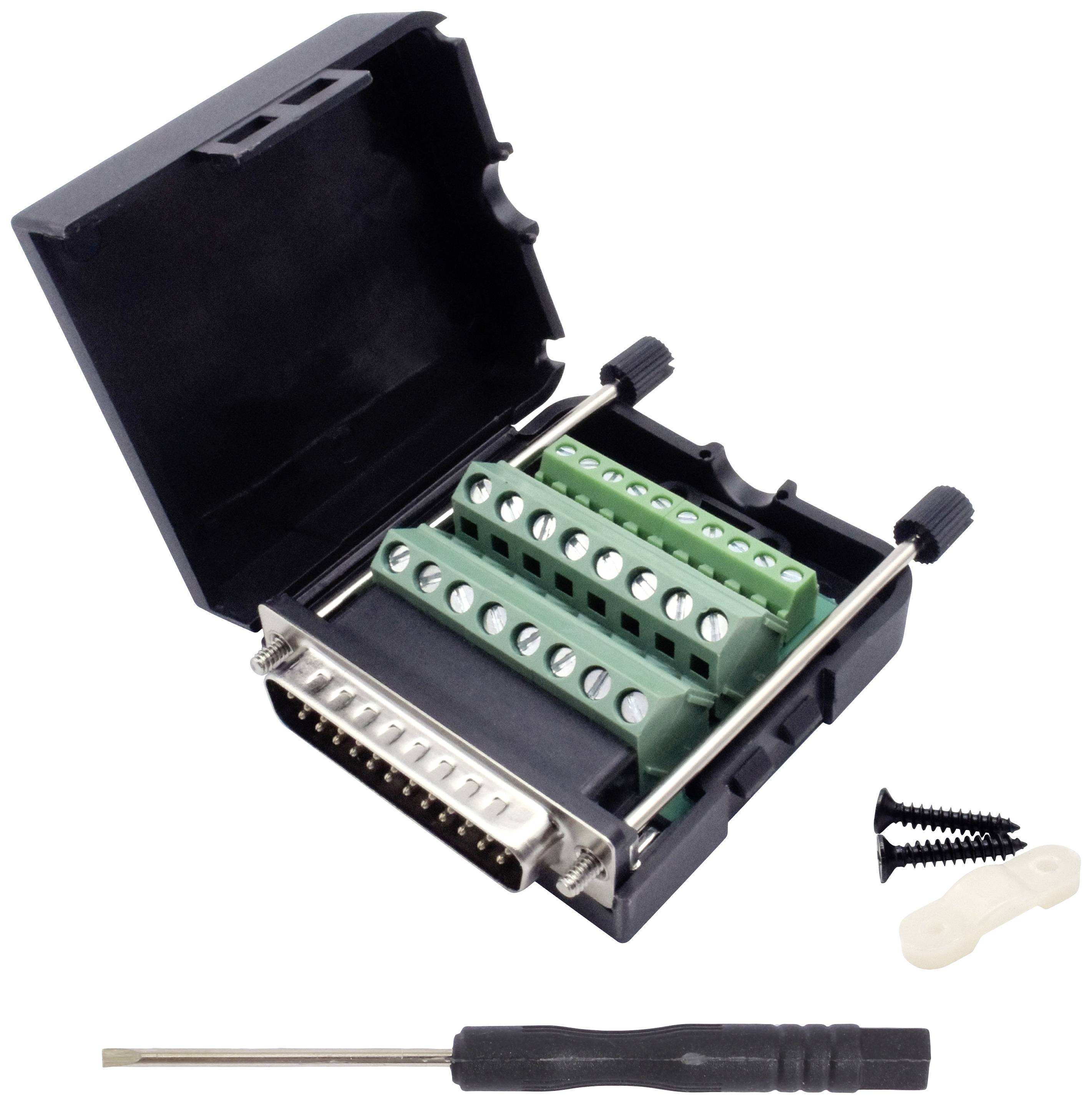 Ein offenes, schwarzes Gehäuse mit grünen Klemmleisten, einem Kabelanschluss und einem kleinen Schraubenzieher daneben.