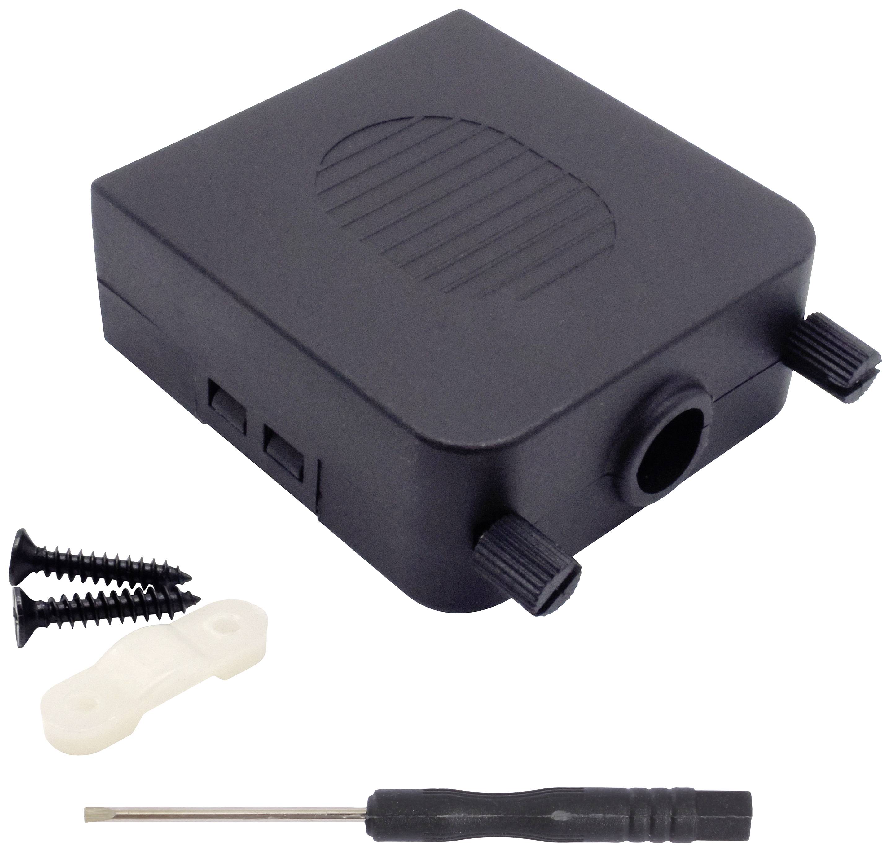 Schwarzes elektronisches Gehäuse mit Montagezubehör, darunter zwei Schrauben, ein Plastikteil und ein kleiner Schraubendreher.