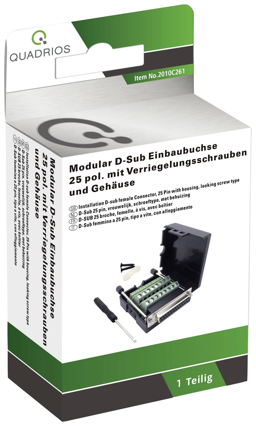 Modulare D-Sub Einbaubuchse, 25-polig, mit Verriegelungsschrauben und Gehäuse abgebildet auf Produktverpackung.