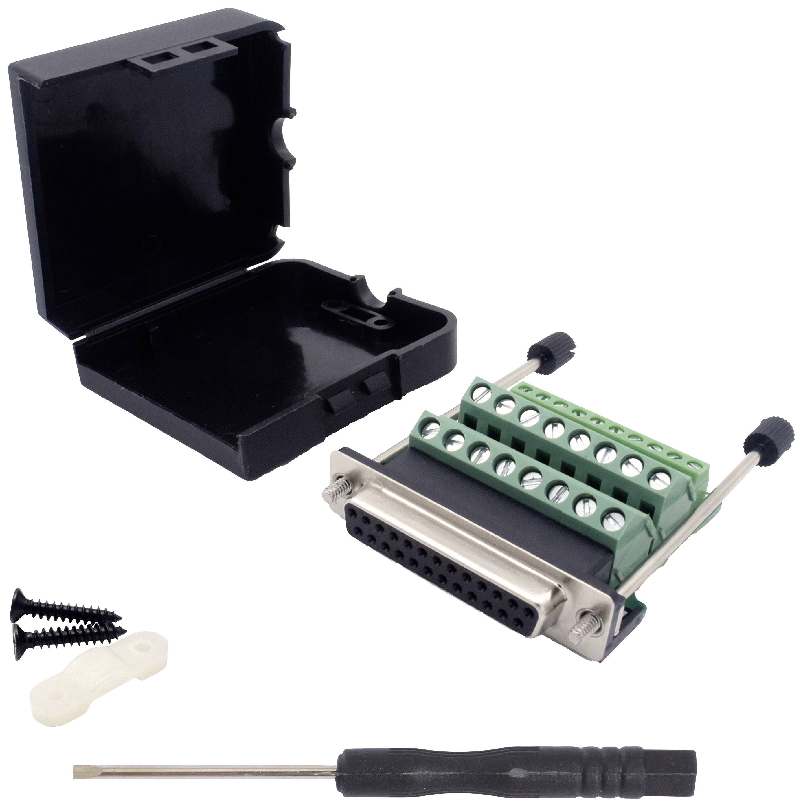 DB25-Steckverbinder-Kit mit Kunststoffgehäuse, grünem Terminalblock, Schrauben, Klemmen und Schraubendreher für einfache Montage.