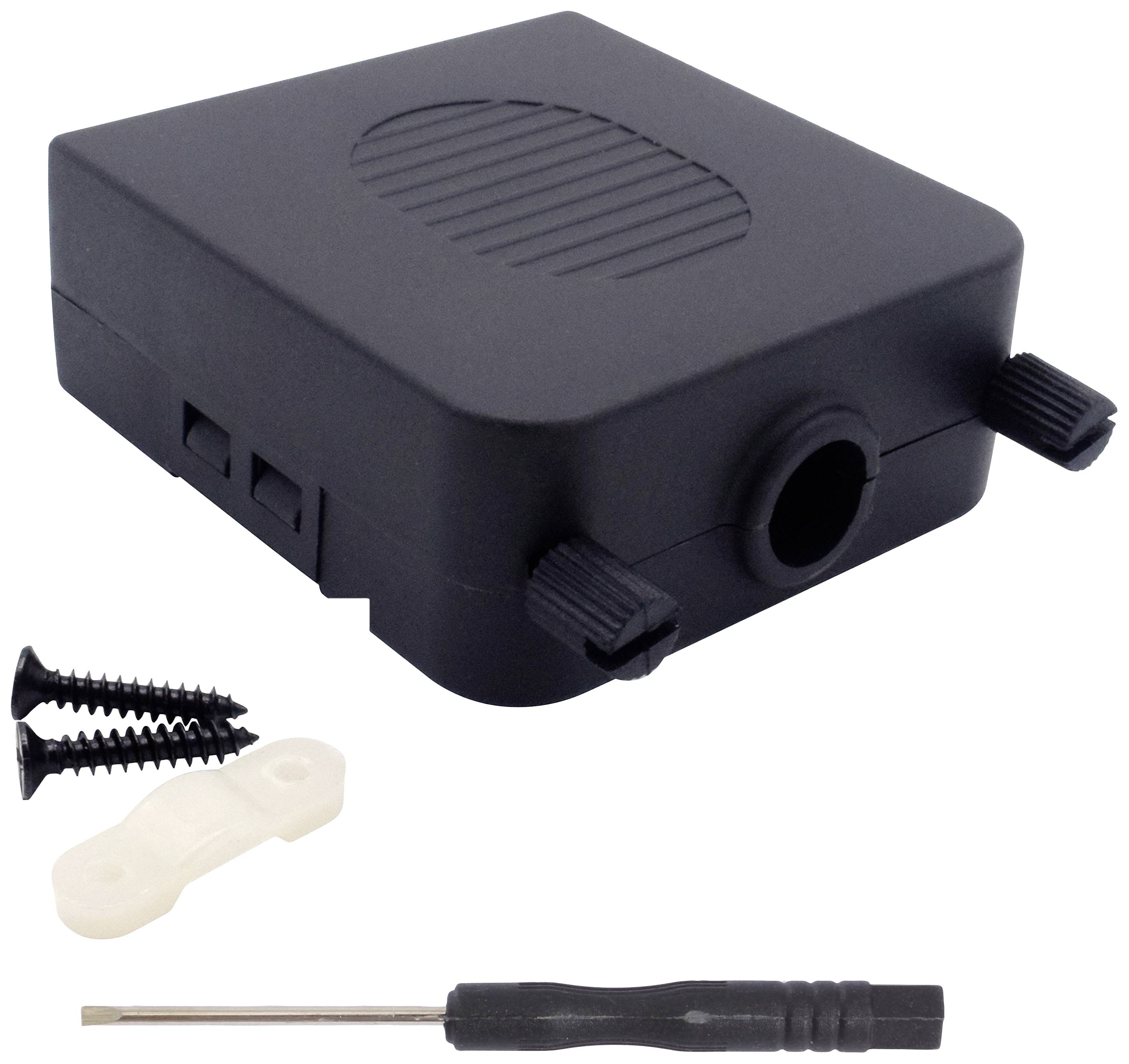 Schwarzes, rechteckiges Kunststoffgehäuse mit Befestigungsschrauben, Kunststoffhalterung und kleinem Schraubendreher.