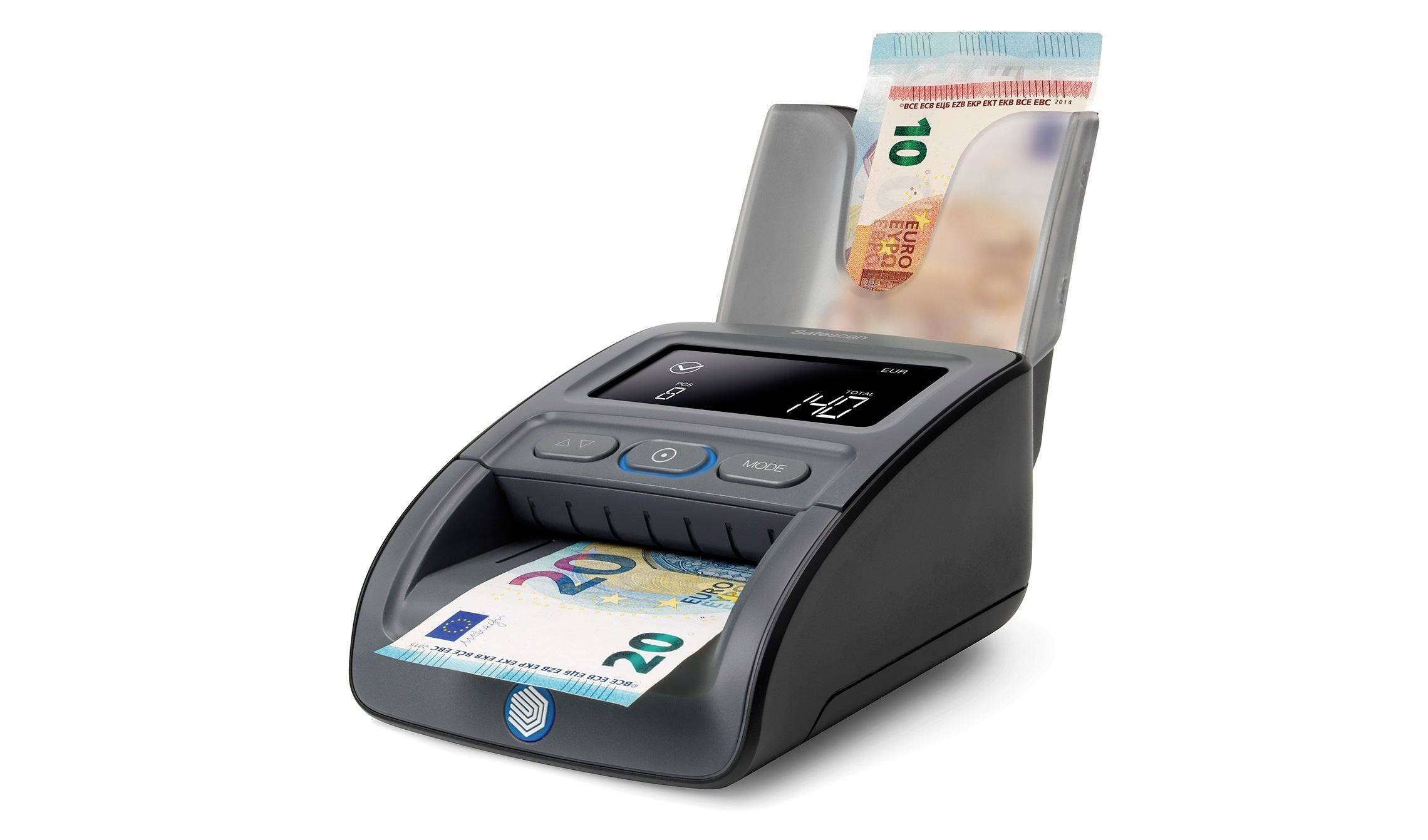 Ein Gerät zur Erkennung von Falschgeld, das einen zwanzig-Euro-Schein und einen zehn-Euro-Schein scannt.