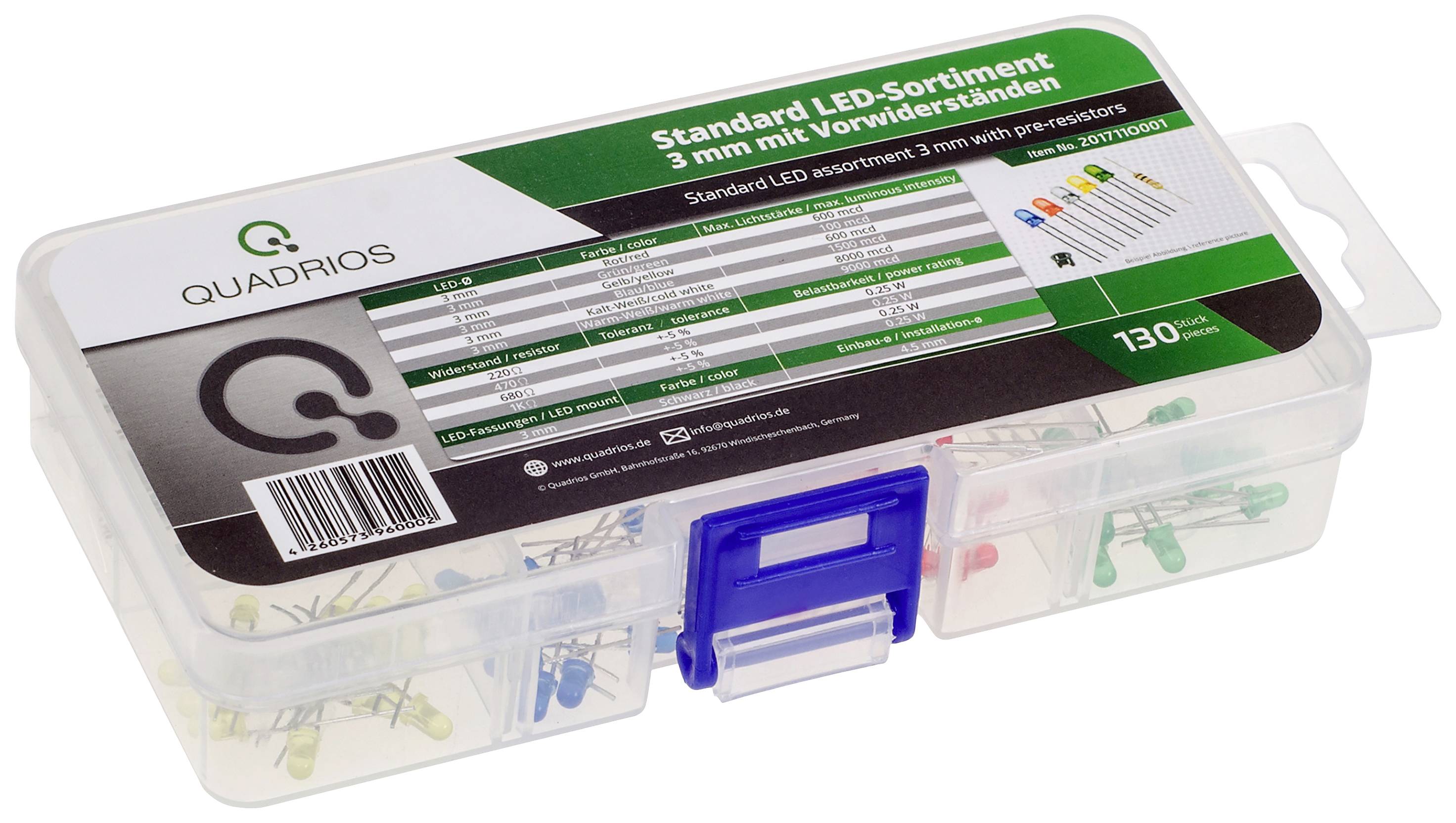 Quadrios LED-Sortiment Rot, Grün, Gelb, Blau, Kaltweiß, Warmweiß 3mm 20mA 2 V, 3V