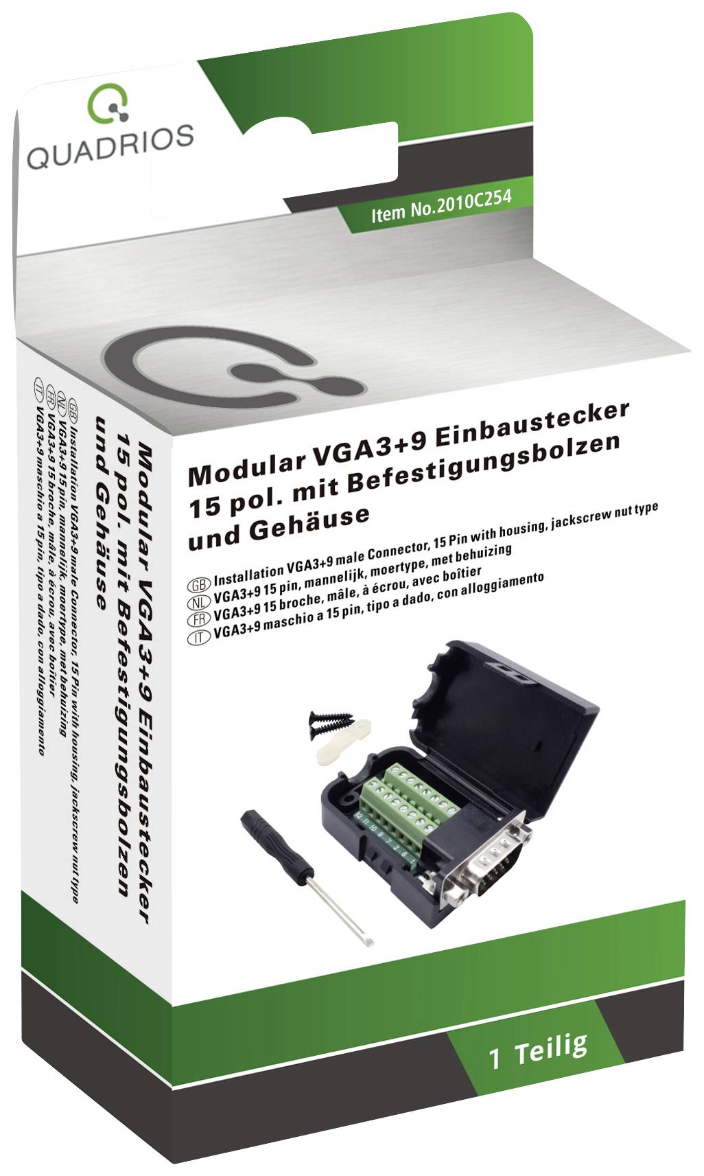 Verpackung eines modularen VGA3+9 Einbausteckers mit Schraubenzieher und Gehäuse. Marke: Quadrios, Artikelnummer: 2010C254.