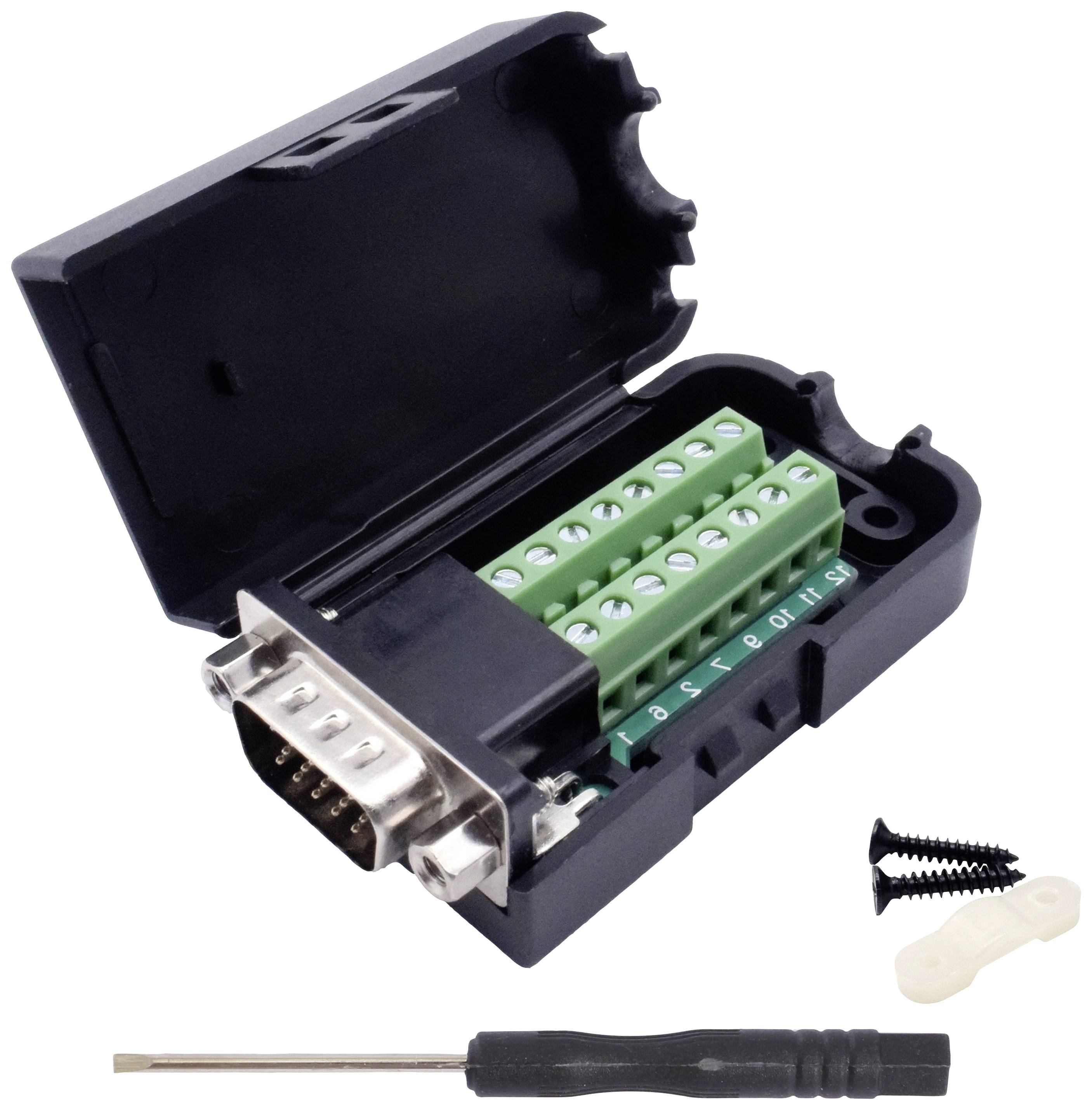 Ein offener schwarzer DB9-Anschlussstecker mit Schraubklemmen gezeigt, daneben ein kleiner Schraubendreher und zwei Befestigungsschrauben.