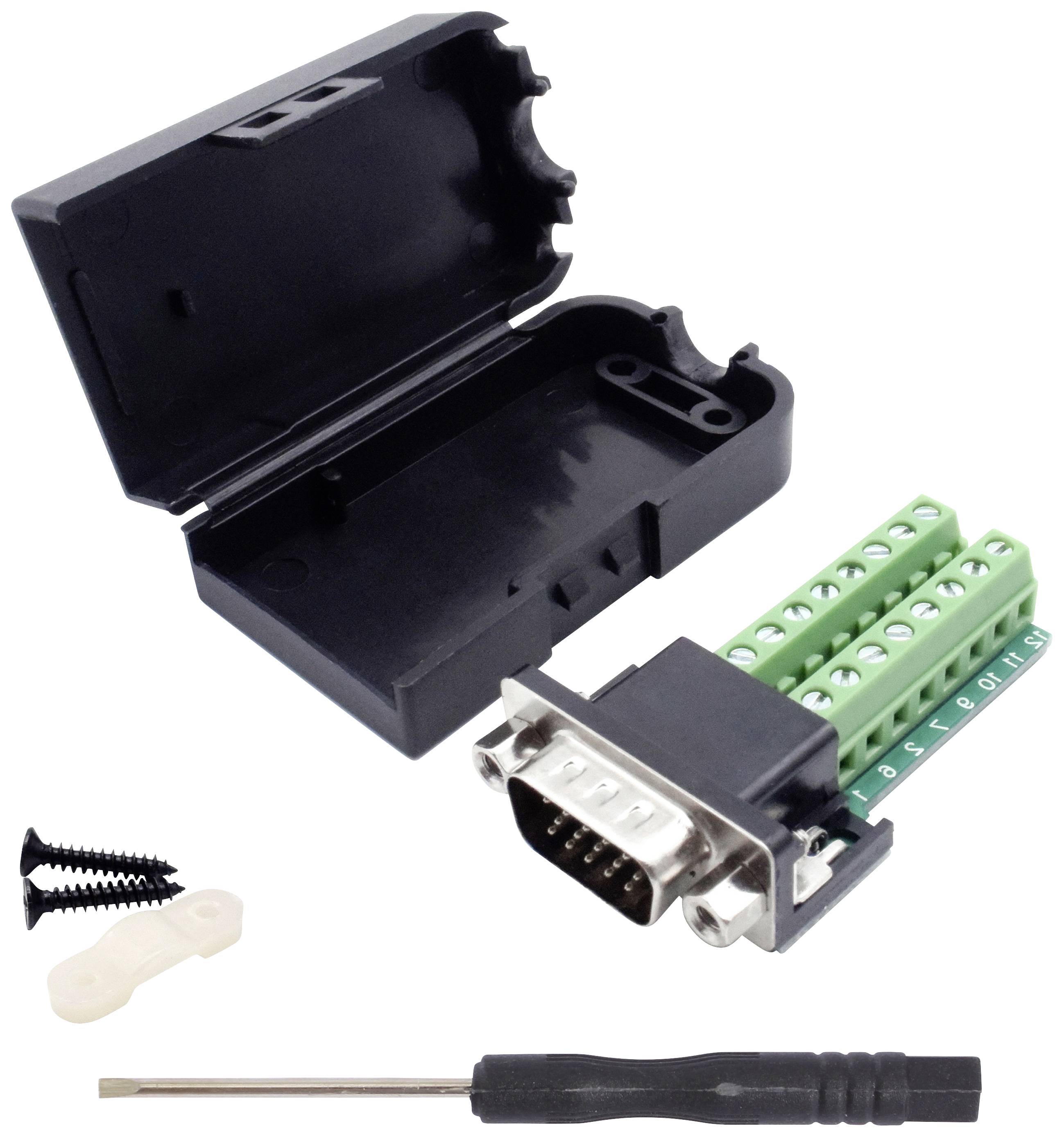 Schwarzes Gehäuse geöffnet, zeigt einen grünen Steckverbinder mit Schraubanschlüssen. Daneben Schrauben und ein kleiner Schraubendreher.