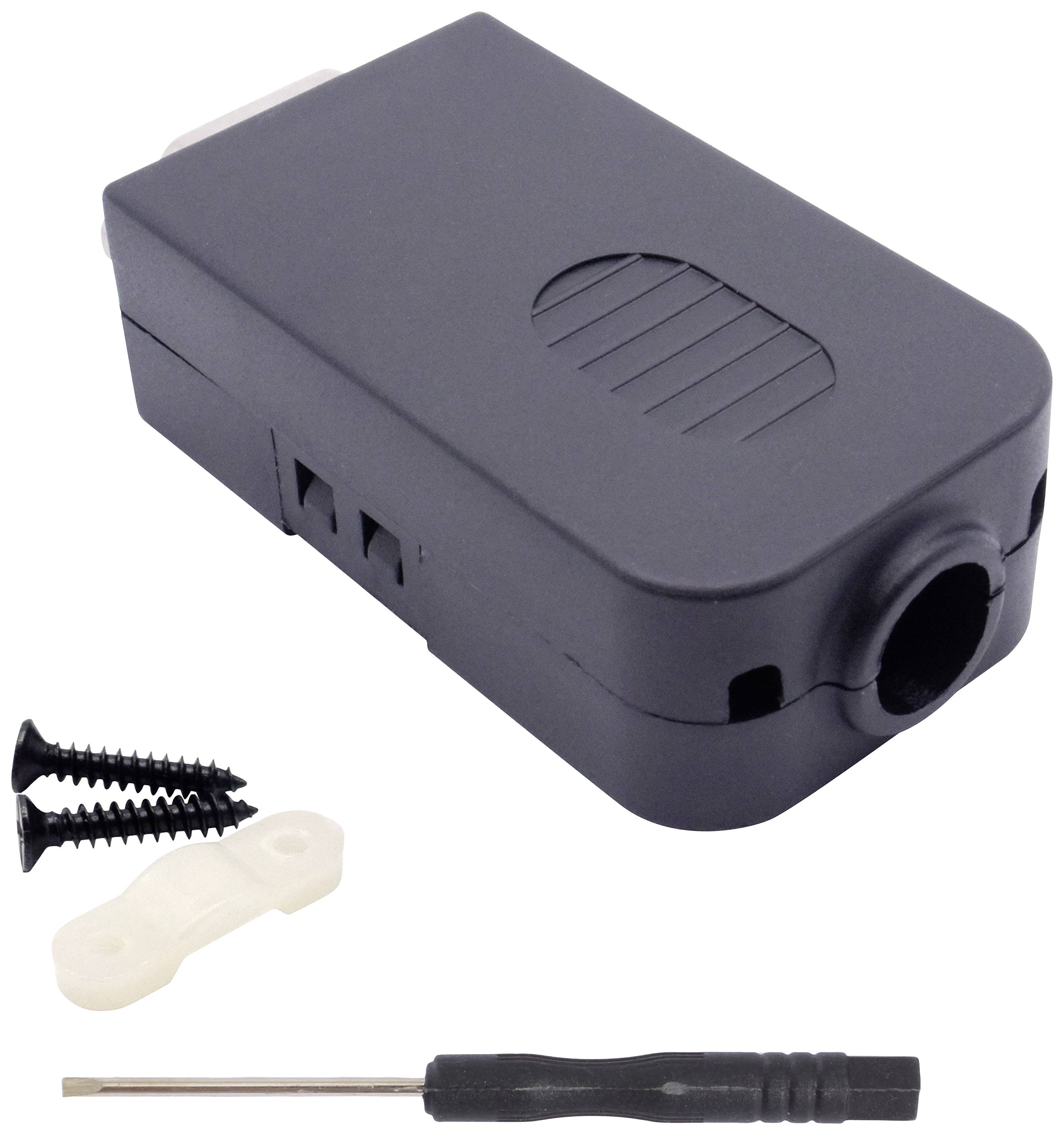 Ein schwarzer Adapter mit ovalem Muster auf der Oberseite, begleitet von zwei schwarzen Schrauben, einem weißen Kunststoffclip und einem kleinen schwarzen Schraubendreher.