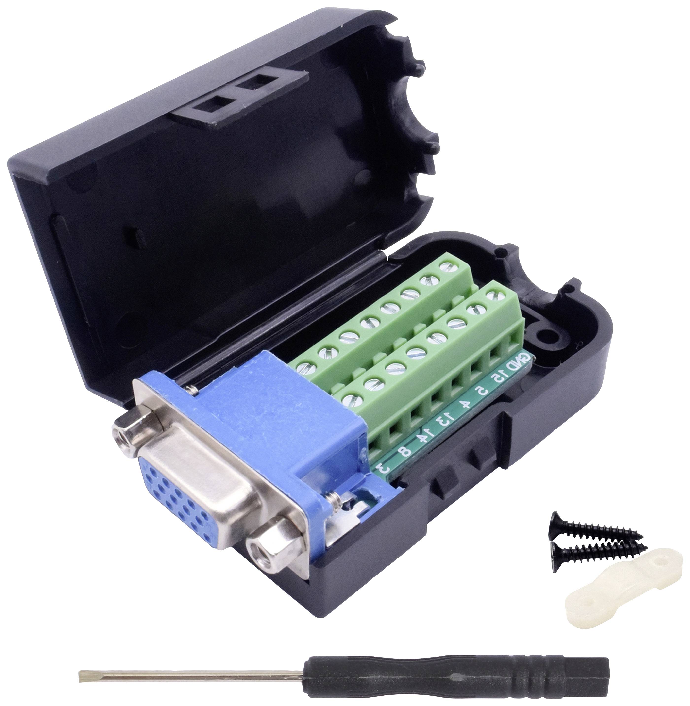 Ein offener VGA-Anschlussadapter mit grüner Anschlussklemme in einem schwarzen Gehäuse, daneben Schrauben und ein Schraubendreher.