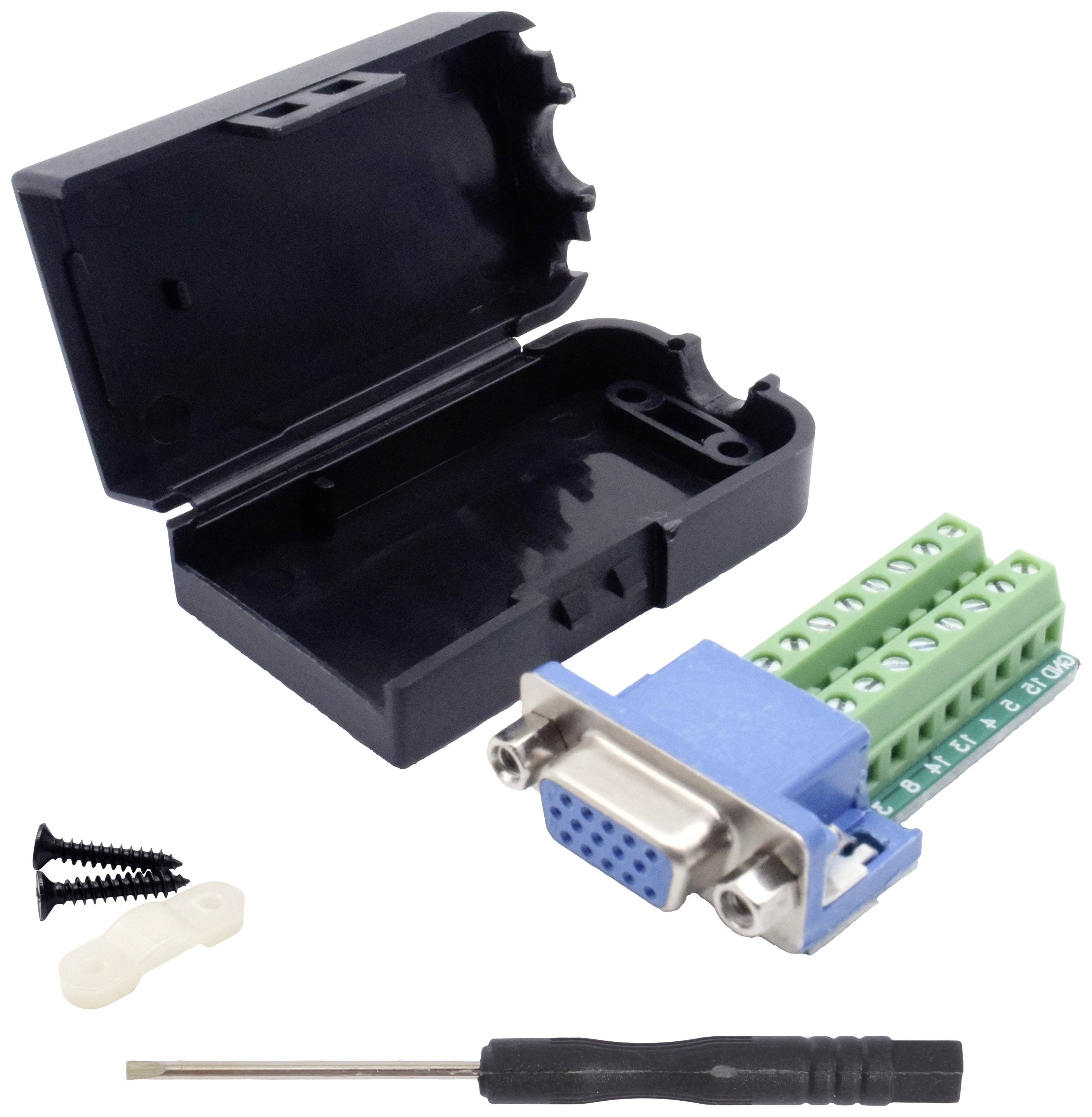 Ein offenes Kunststoffgehäuse, ein blauer VGA-Adapter mit grünen Schraubklemmen, zwei schwarze Schrauben, ein weißes Teil und ein Schraubendreher.