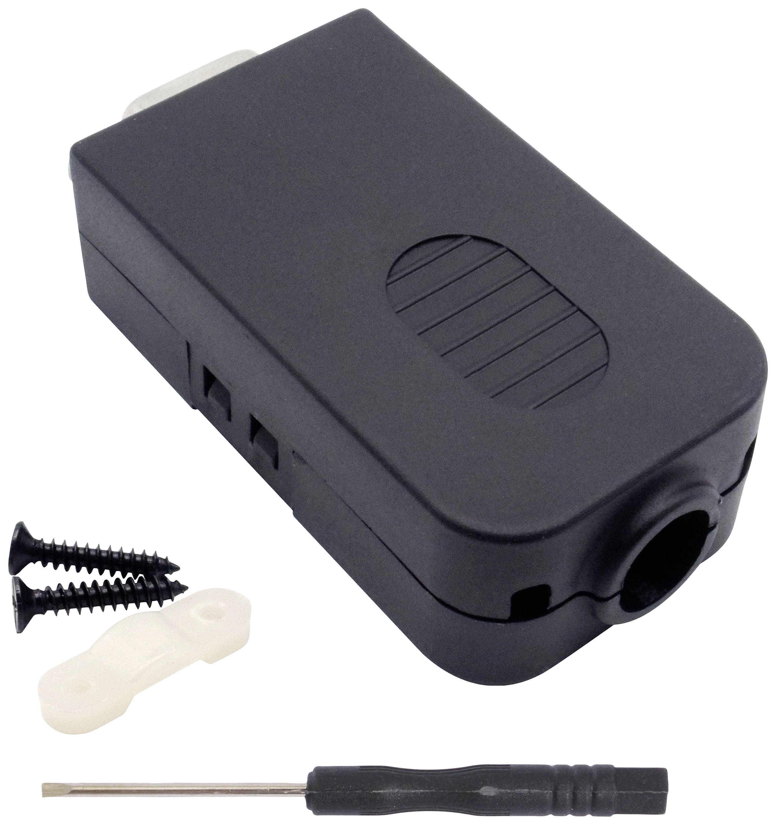 Schwarzer Adapter mit Schraubenzieher, Halterung und zwei Schrauben abgebildet.