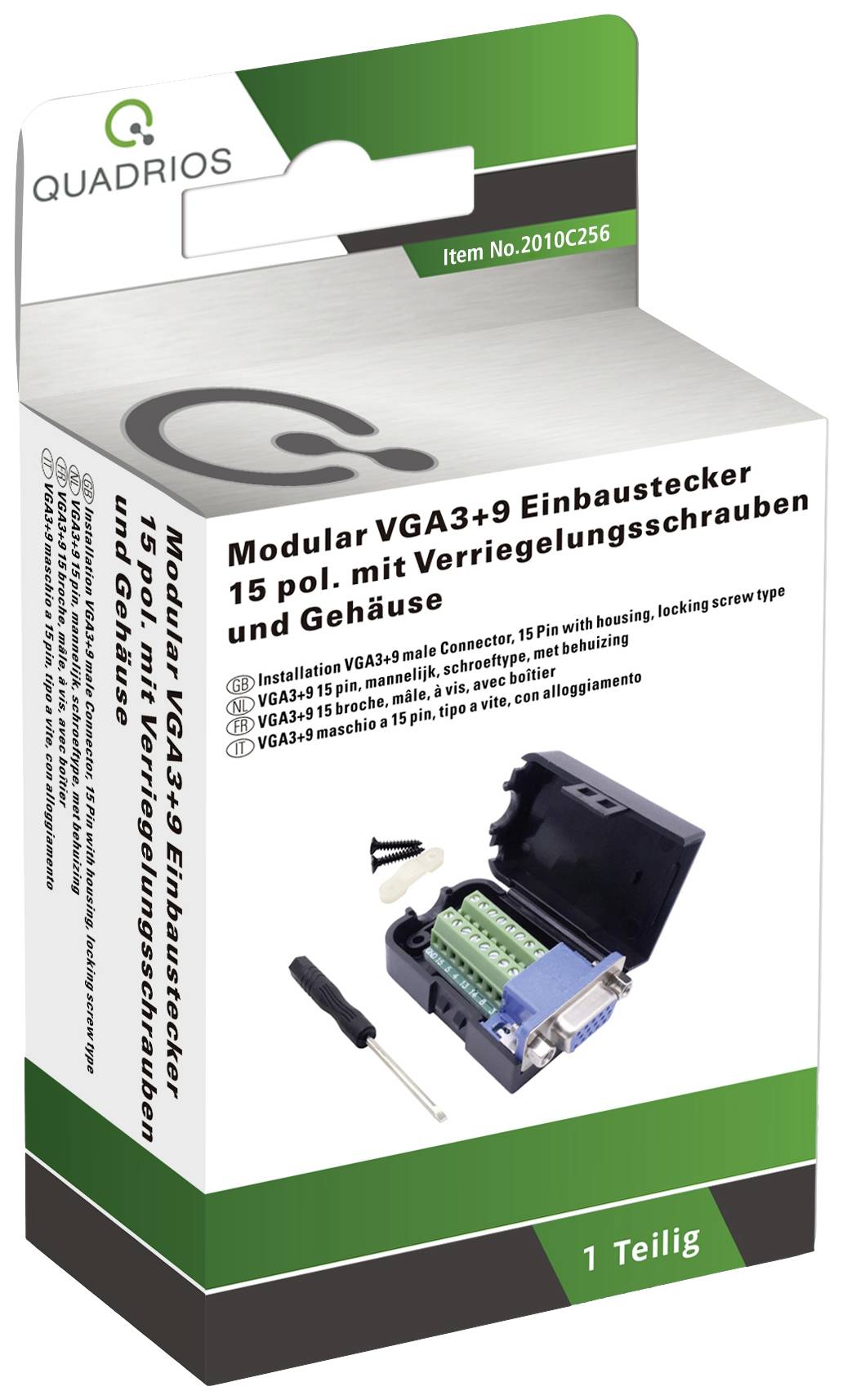 'Quadrios Modularer VGA3+9 Einbaustecker, 15-polig, mit Verriegelungsschrauben und Gehäuse. Artikelnummer: 2010C256.' Verpackung zeigt Steckverbinder und Schraubendreher.