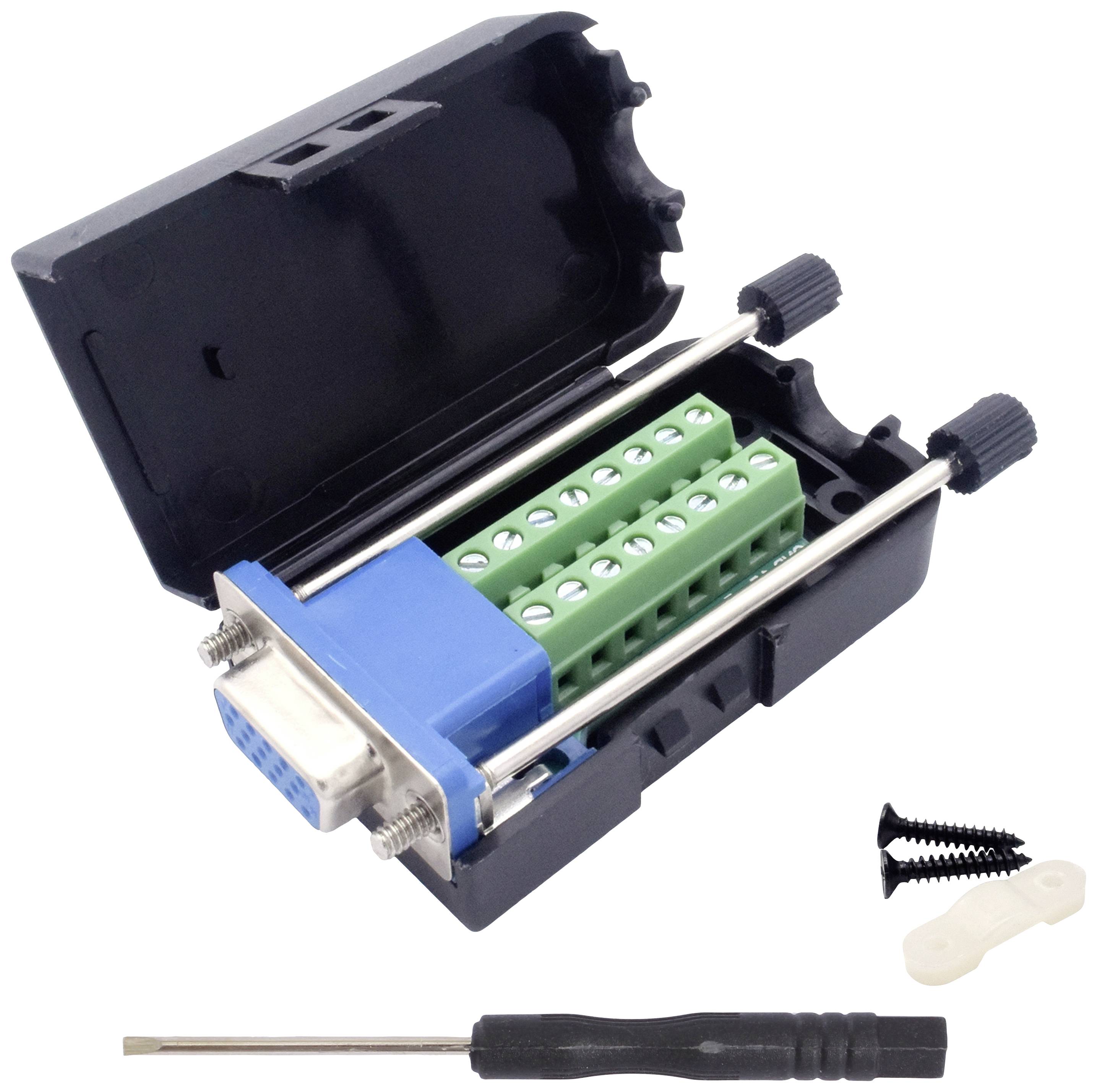 Ein offener schwarzer Adapter mit grünen Anschlussklemmen und blauem Steckbereich, daneben Schraubendreher und Schrauben.