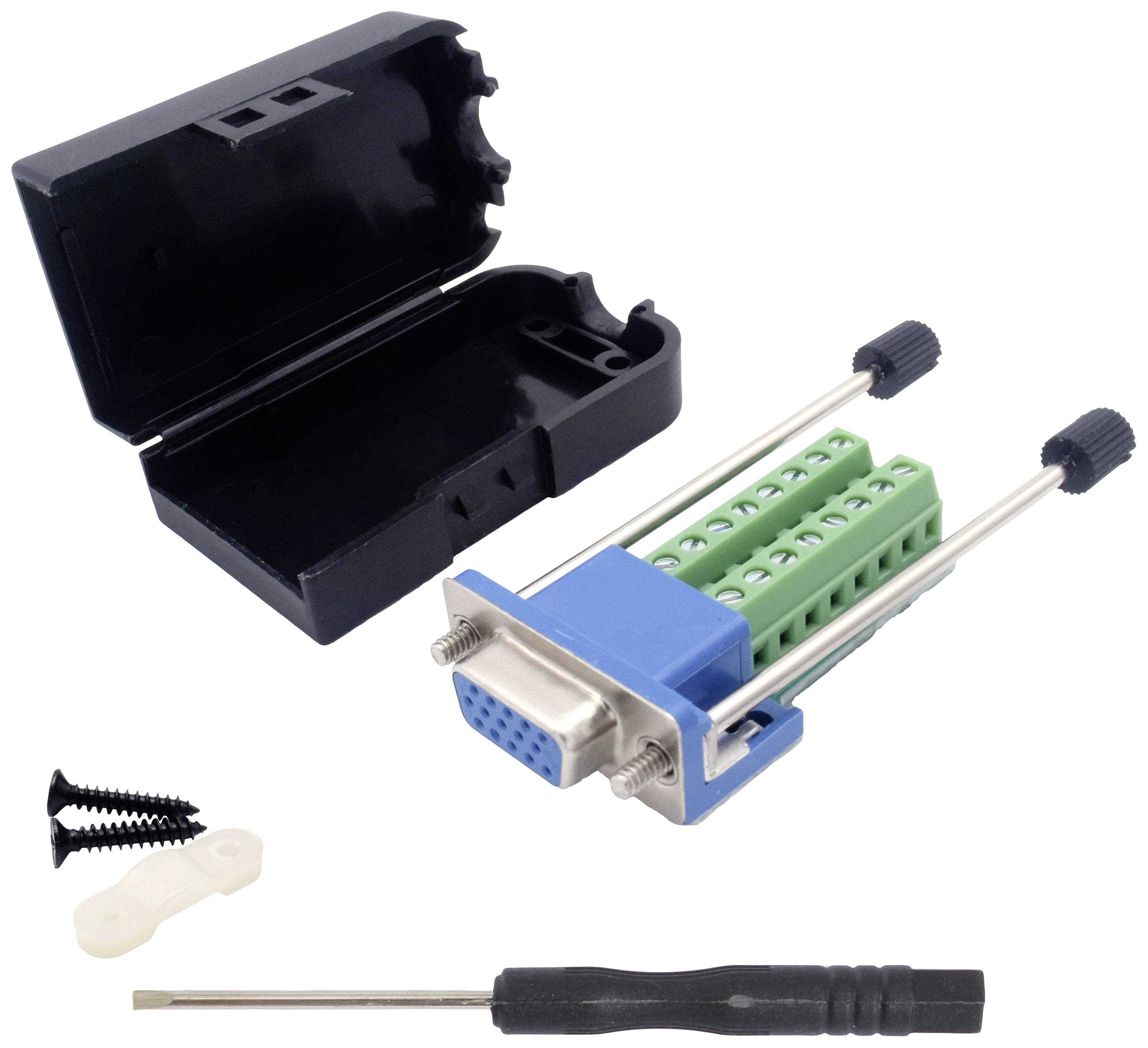 Ein RS232-Adapter mit Klemmenblock, schwarze Plastikabdeckung, Schrauben und Schraubendreher zur Verbindung elektronischer Geräte.