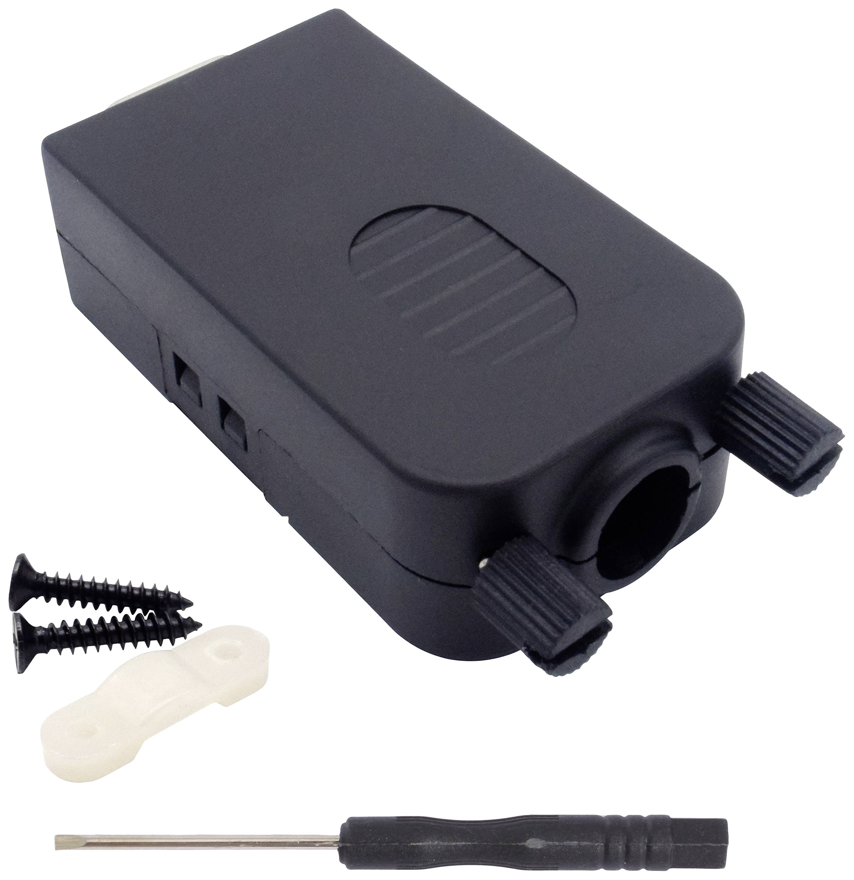 Schwarzes elektrisches Bauteil mit zwei Schraubknöpfen, kleiner Schraubendreher, zwei Schrauben und weißer Halterung auf weißem Hintergrund.