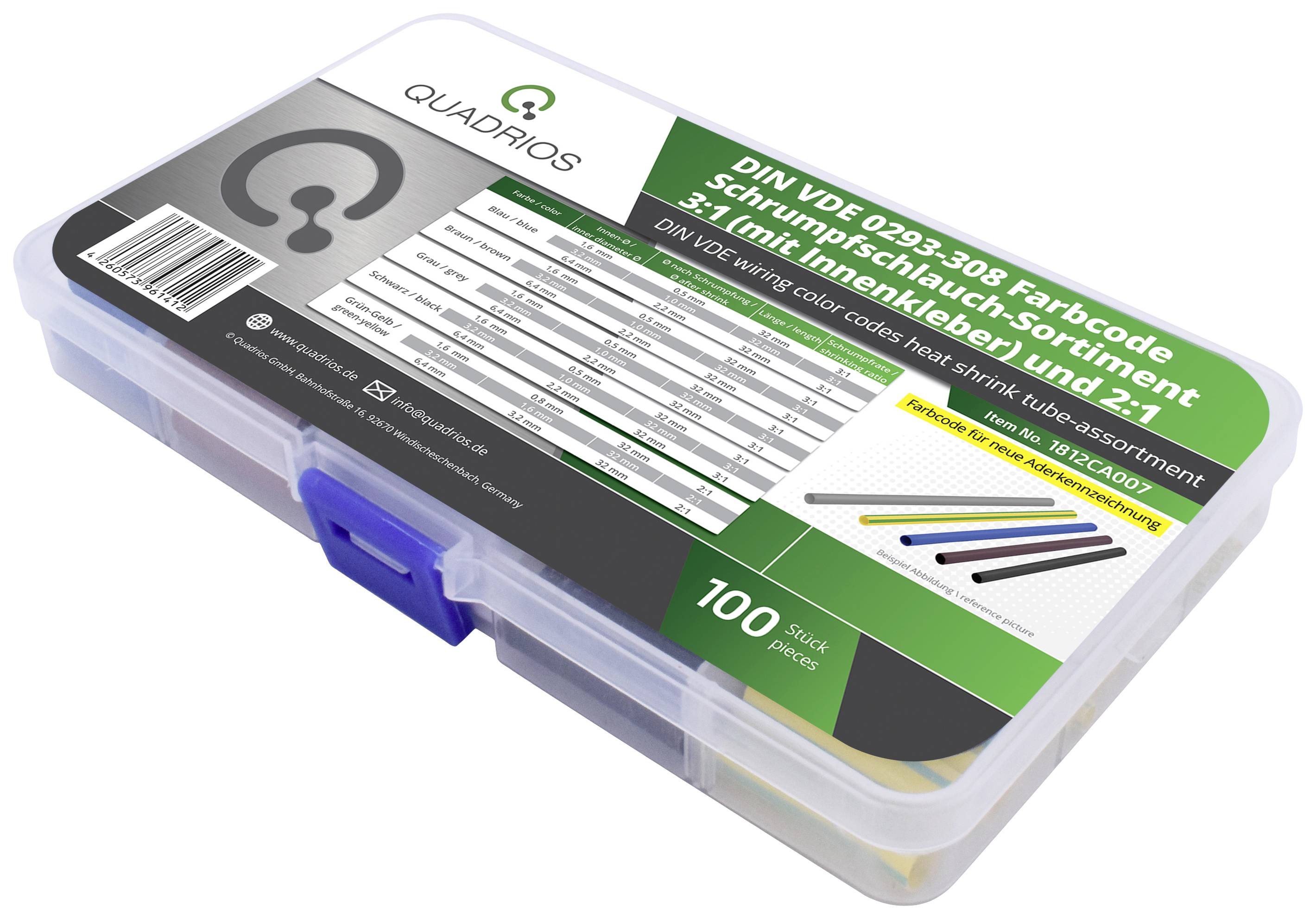 Auf dem Bild ist eine Plastikbox mit Schrumpfschlauch-Sortiment in verschiedenen Farben zu sehen. Die Box ist für 100 Stück ausgelegt.