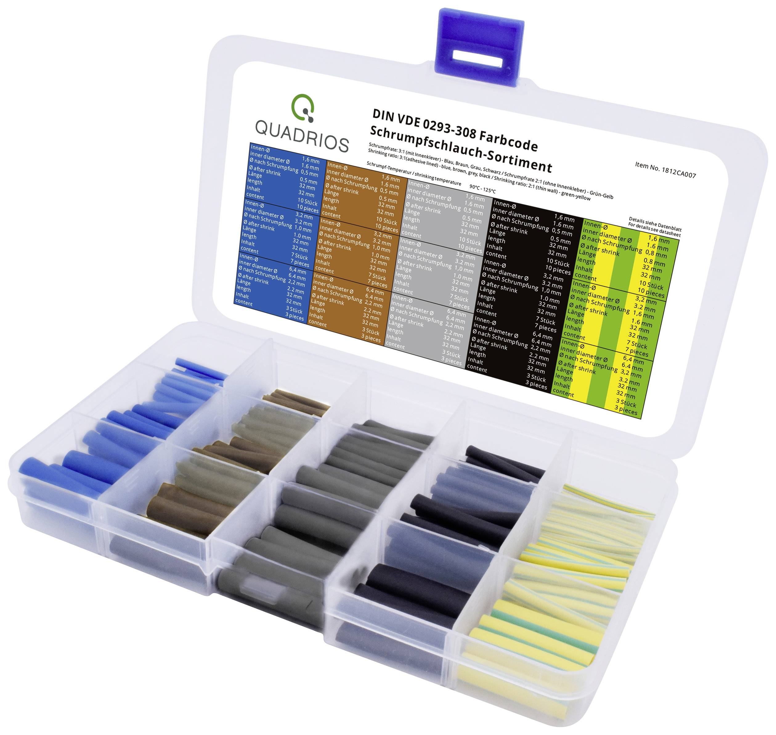 Transparente Box mit verschiedenen farbigen Schrumpfschläuchen in Fächern. Oberhalb ein Etikett mit Farbcodetabelle nach DIN VDE 0293-308.