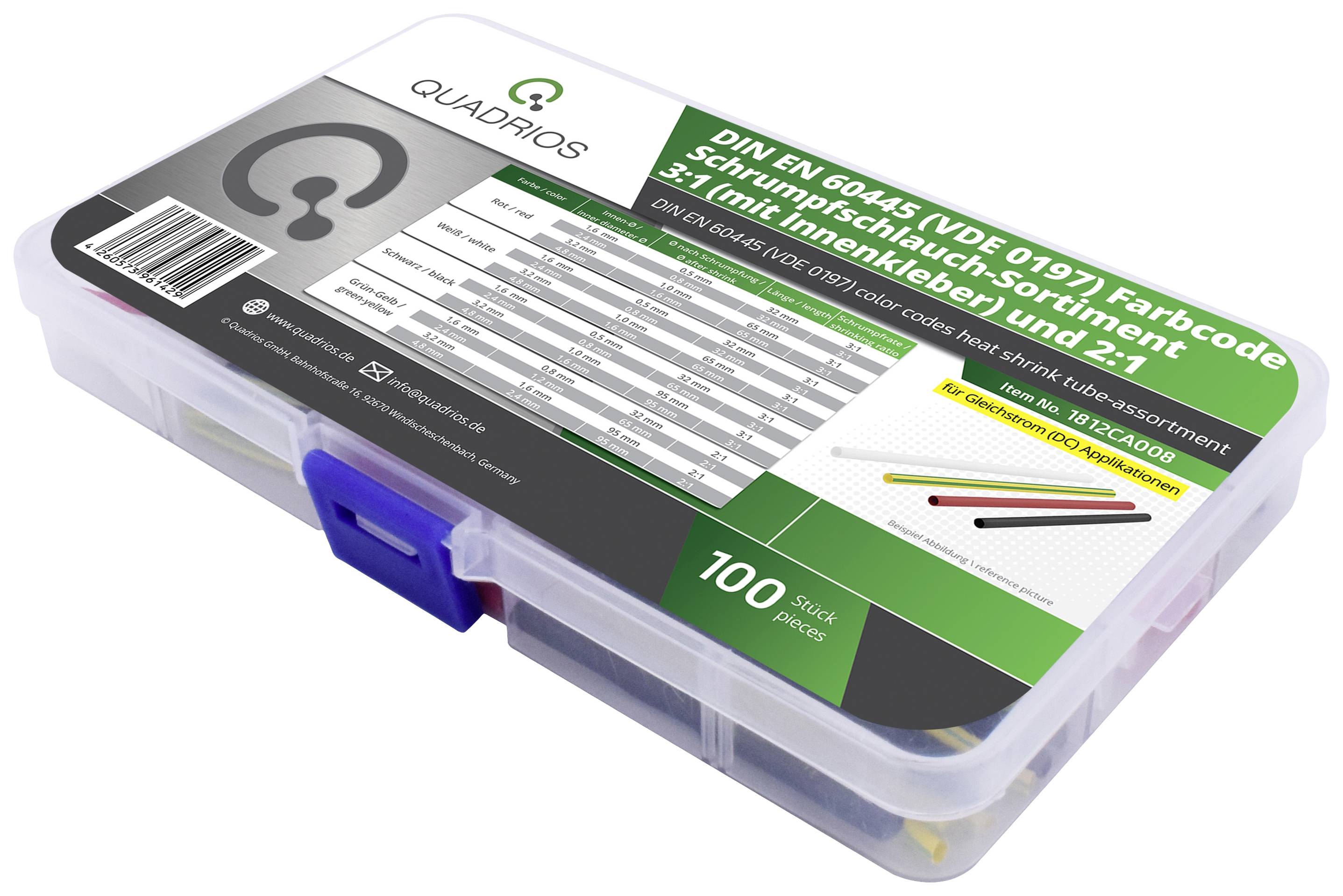 Eine transparente Box mit Schrumpfschläuchen in verschiedenen Farben, oben ein Aufkleber mit Details zu DIN EN 60445 und 100 Stück.
