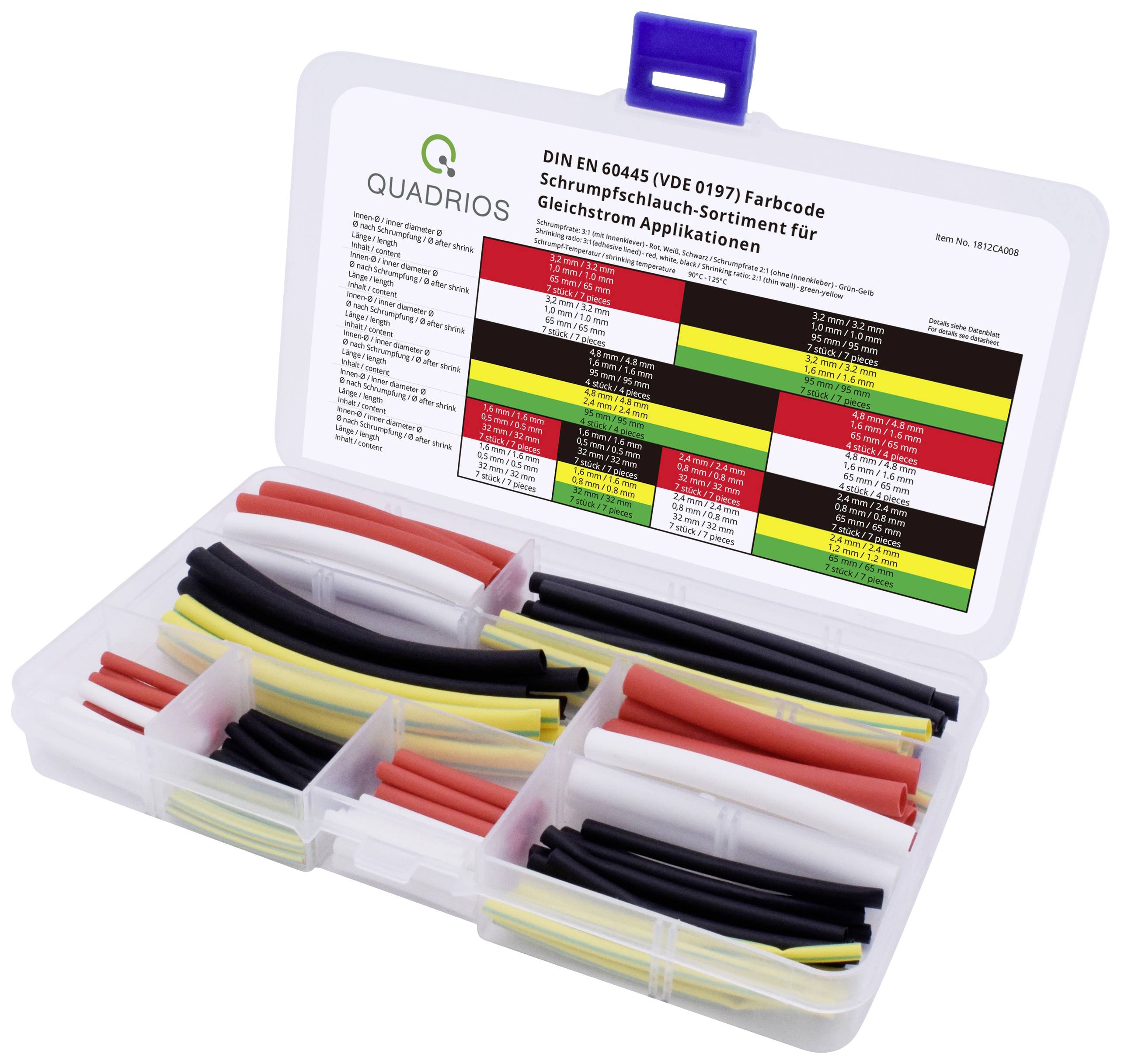 Eine geöffnete Box mit verschiedenen farbigen Schrumpfschläuchen und einer Farbcodetabelle für Gleichstrom-Anwendungen auf dem Deckel.