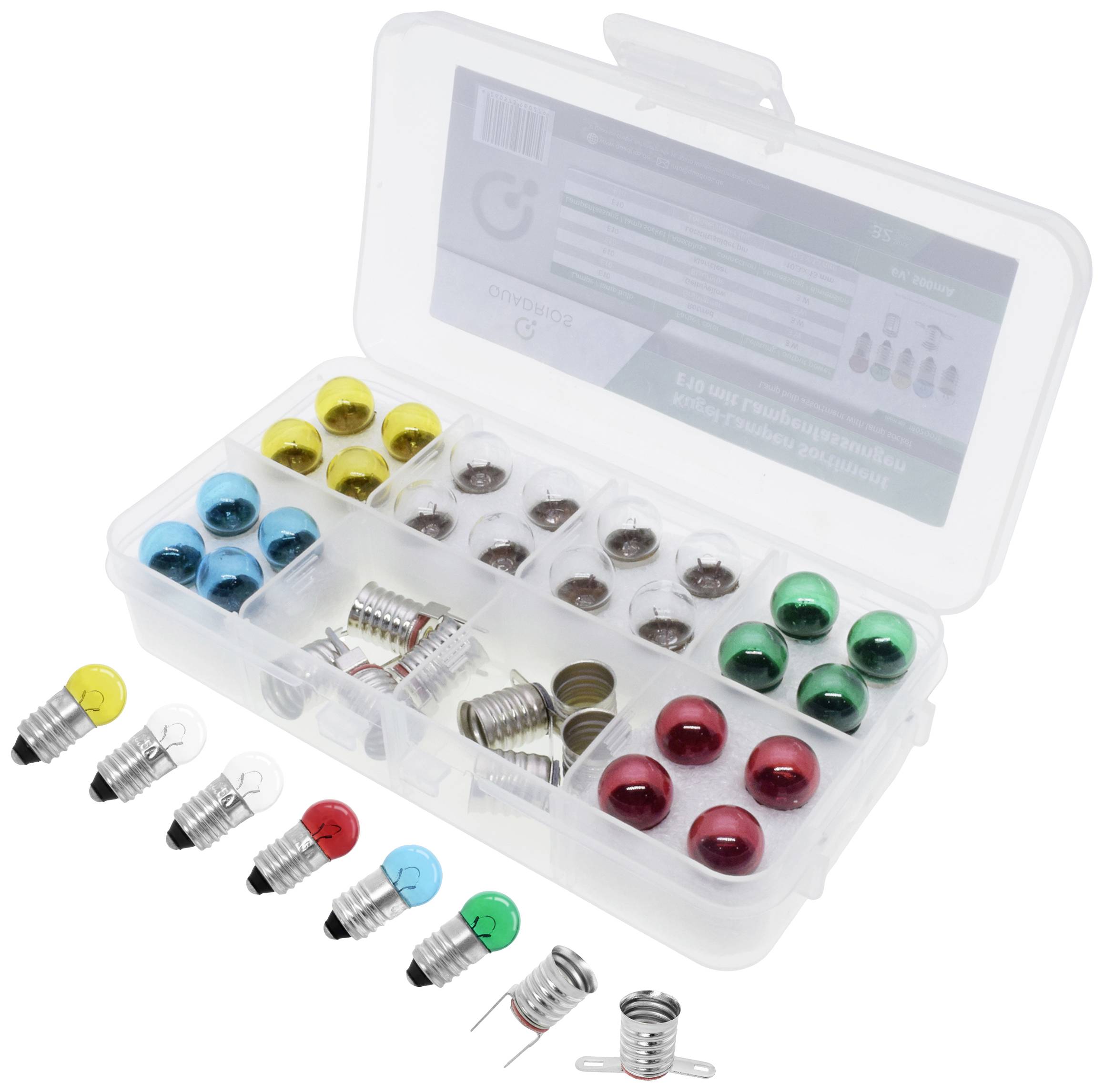 Kunststoffbox mit offenem Deckel zeigt bunte Ersatzbirnen und Fassungen in verschiedenen Fächern geordnet.