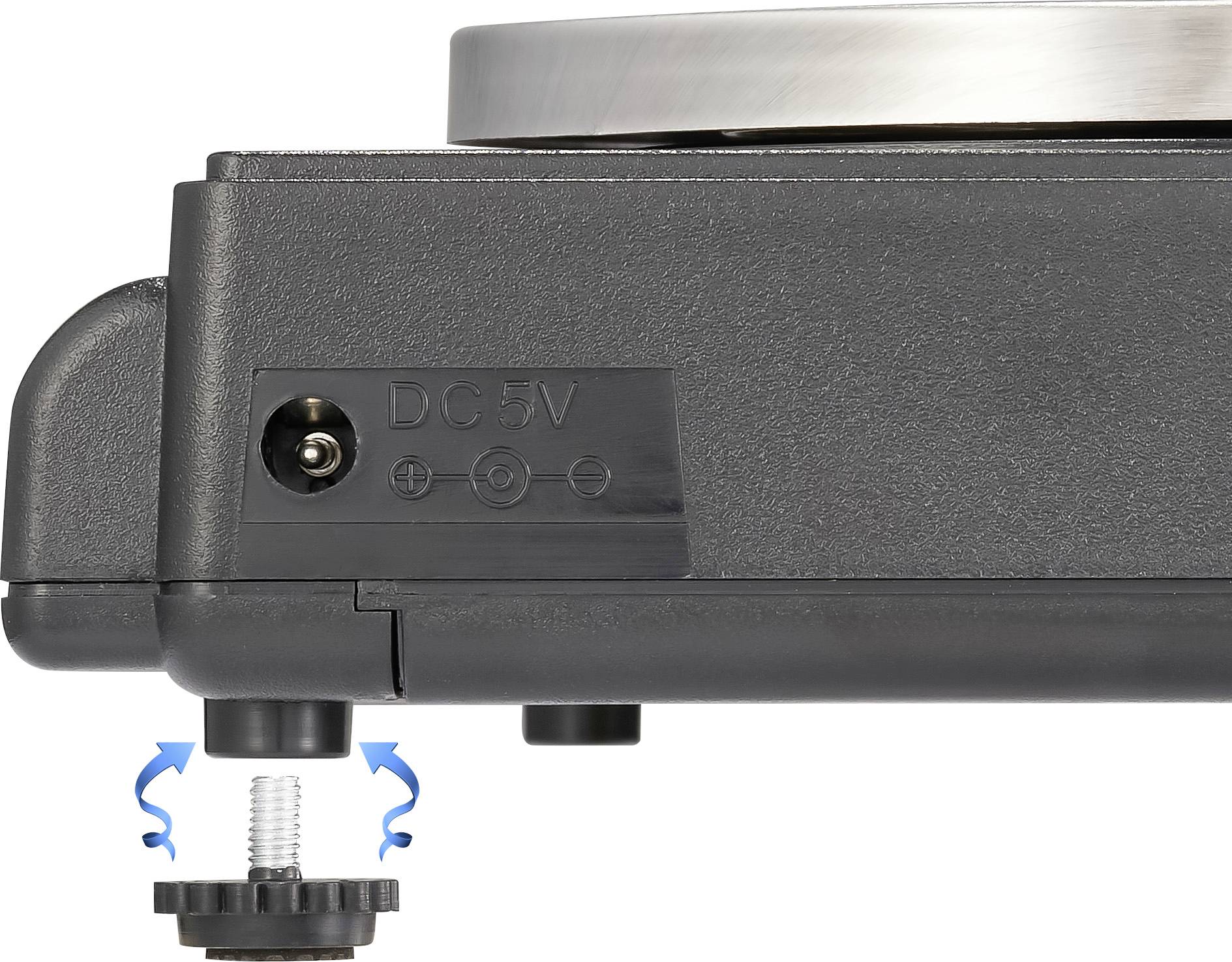 Kleiner elektrischer Apparat mit einer DC5V-Anschlussbuchse und verstellbaren Standfüßen, die durch Drehen eingestellt werden.