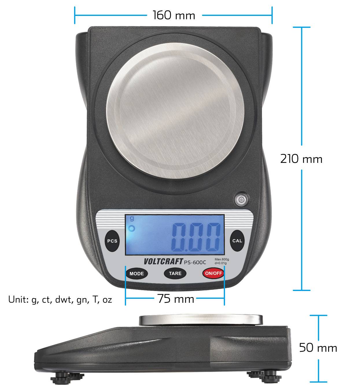 Digitale Waage 'Voltcraft PS-600C' mit blau beleuchtetem Display, zeigt '0.00'. Maße: 160x210x50 mm. Einheit: g, ct, dwt, gn, T, oz.