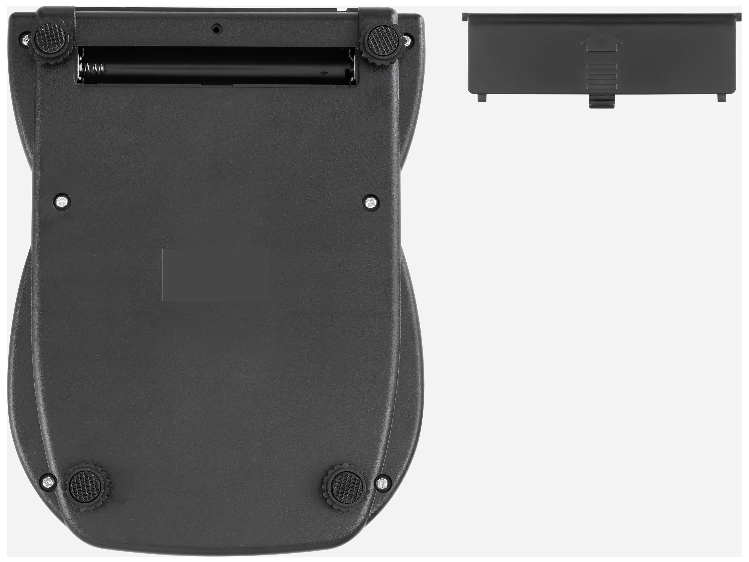 Schwarzes elektronisches Gerät von unten gezeigt, rechteckige Form mit abgerundeten Ecken. Zubehörteil oberhalb, möglicherweise Batterieabdeckung.