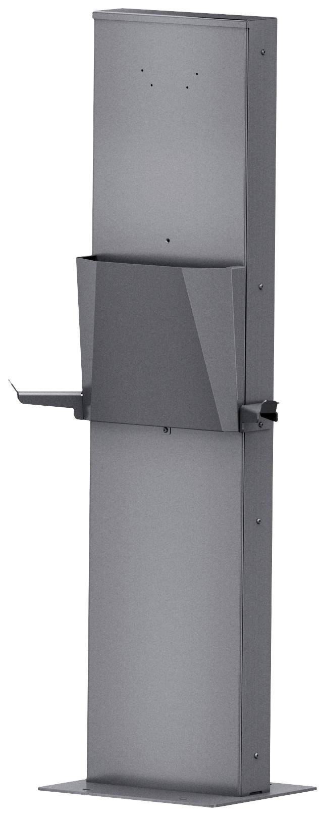 Ein grauer Metallständer mit Halterungen zur Präsentation oder Befestigung von Materialien. Geeignet für Innen- oder Außenbereiche.