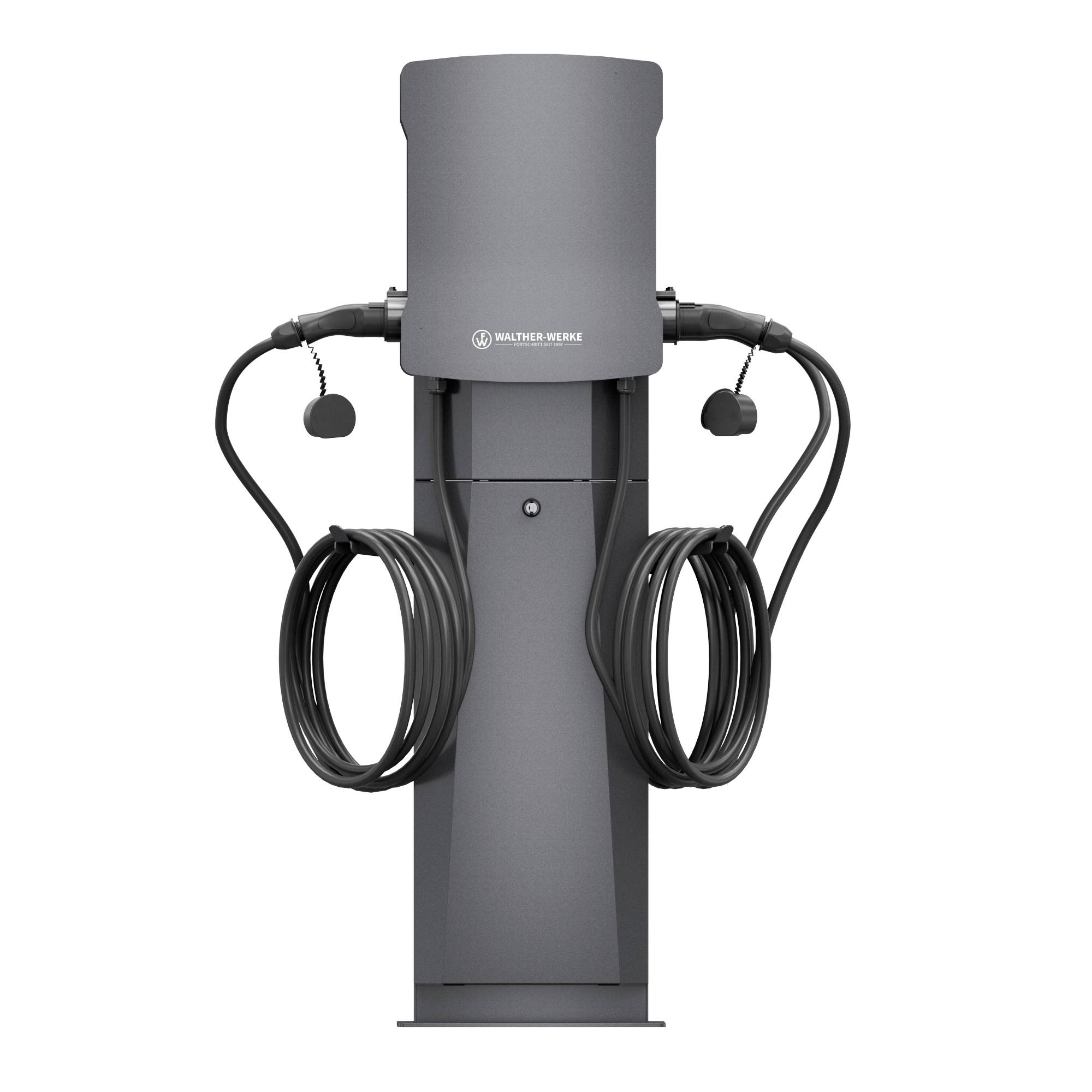 Eine graue E-Ladesäule mit zwei Ladeanschlüssen und Kabeln, geeignet zum gleichzeitigen Laden von Elektrofahrzeugen.