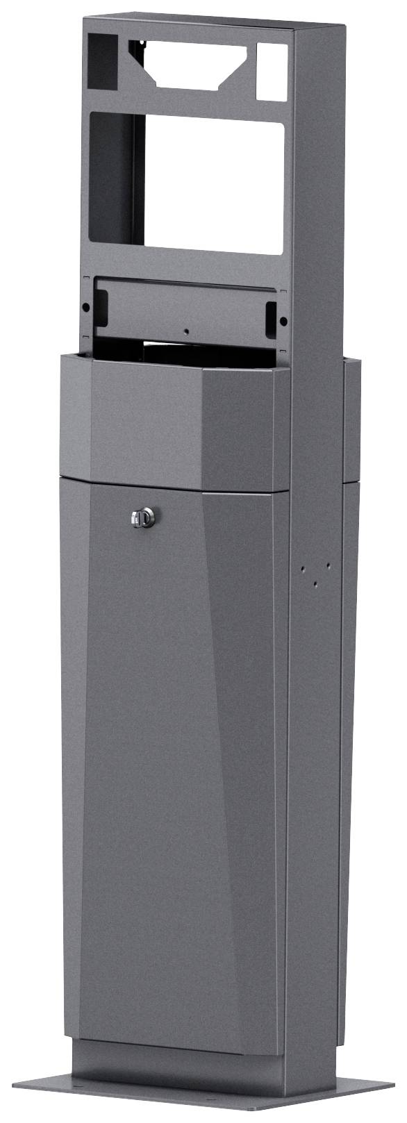 Eine graue Metallstation mit verschließbarem Fach, geeignet für die Montage eines Bildschirms oder Geräts, zur Nutzung in öffentlichen Bereichen.
