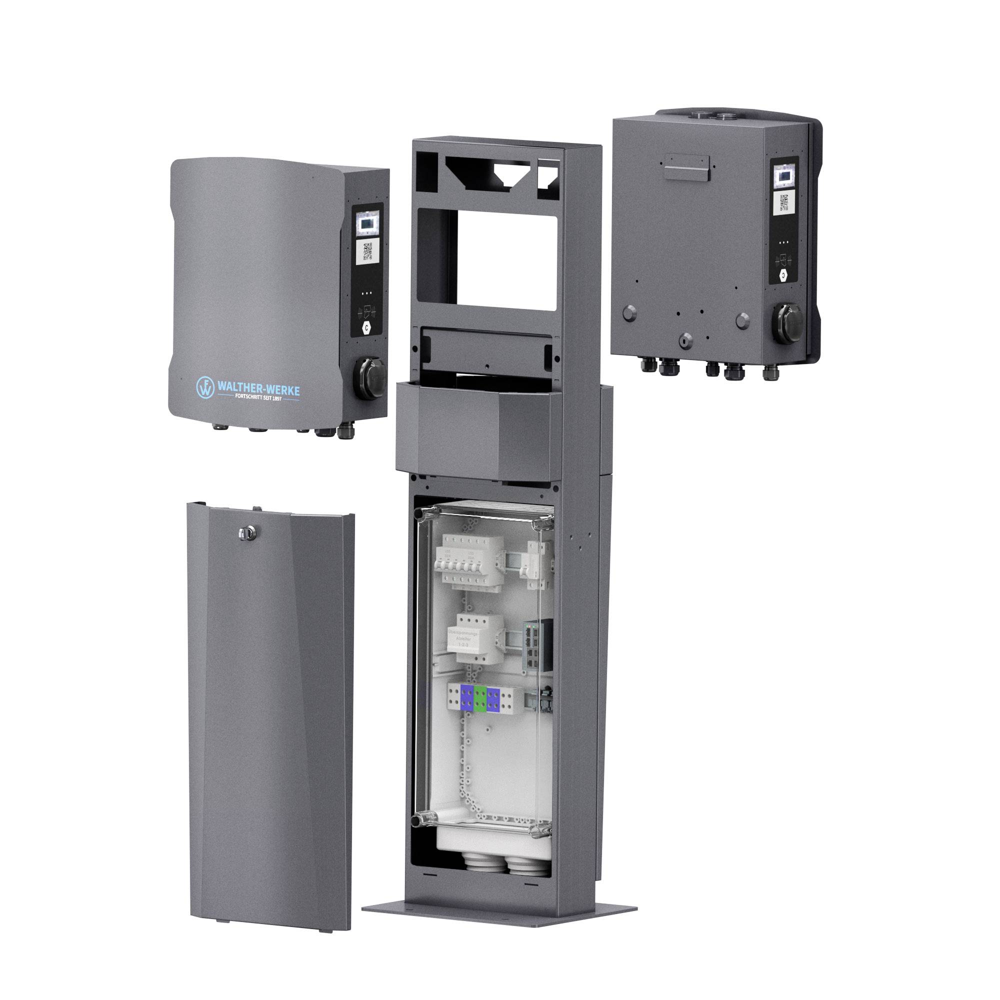 Verschiedene Ansichten eines elektrischen Wandlers, offen und geschlossen, zeigen die interne Verkabelung und Steuerungselemente.