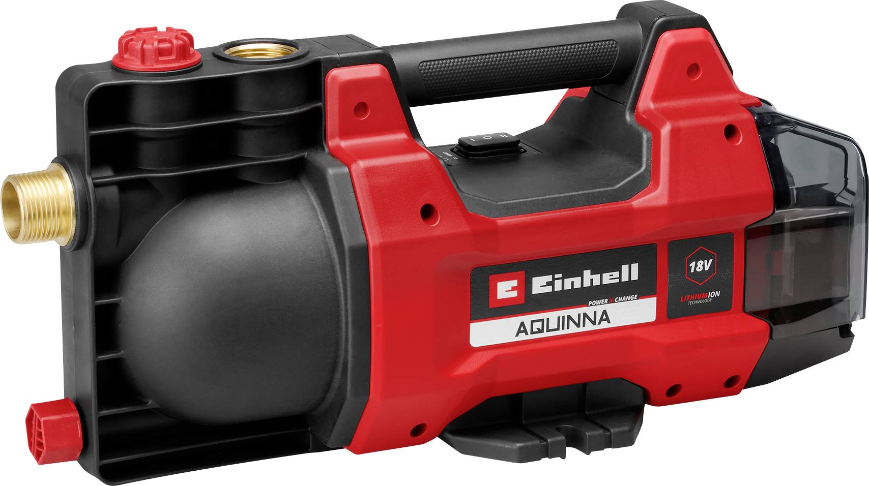 Rot-schwarze Einhell AQUINNA 18V kabellose Wasserpumpe mit Griff und Schlauchverbindungen, auf weißem Hintergrund dargestellt.