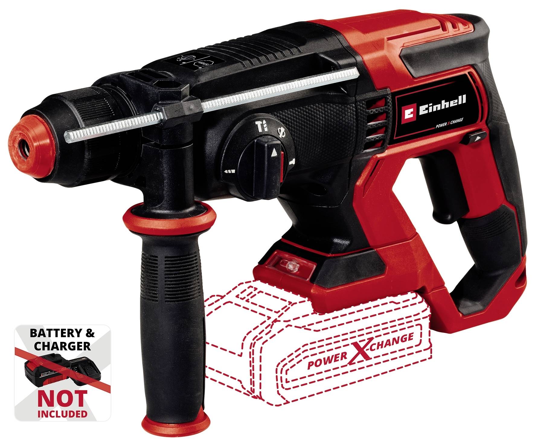 'Einhell' Bohrhammer in Rot und Schwarz, seitlich abgebildet. Hinweis: 'Akku und Ladegerät NICHT enthalten' mit Symbol.