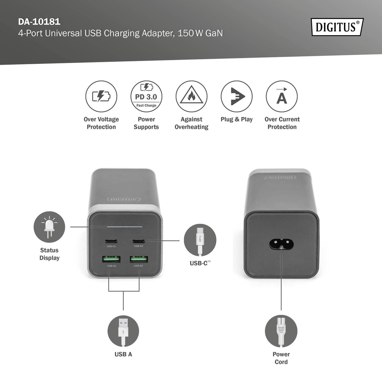 Digitus 4-Port GaN USB Ladegerät 150 W USB-A, USB-C® Innenbereich, Steckdose