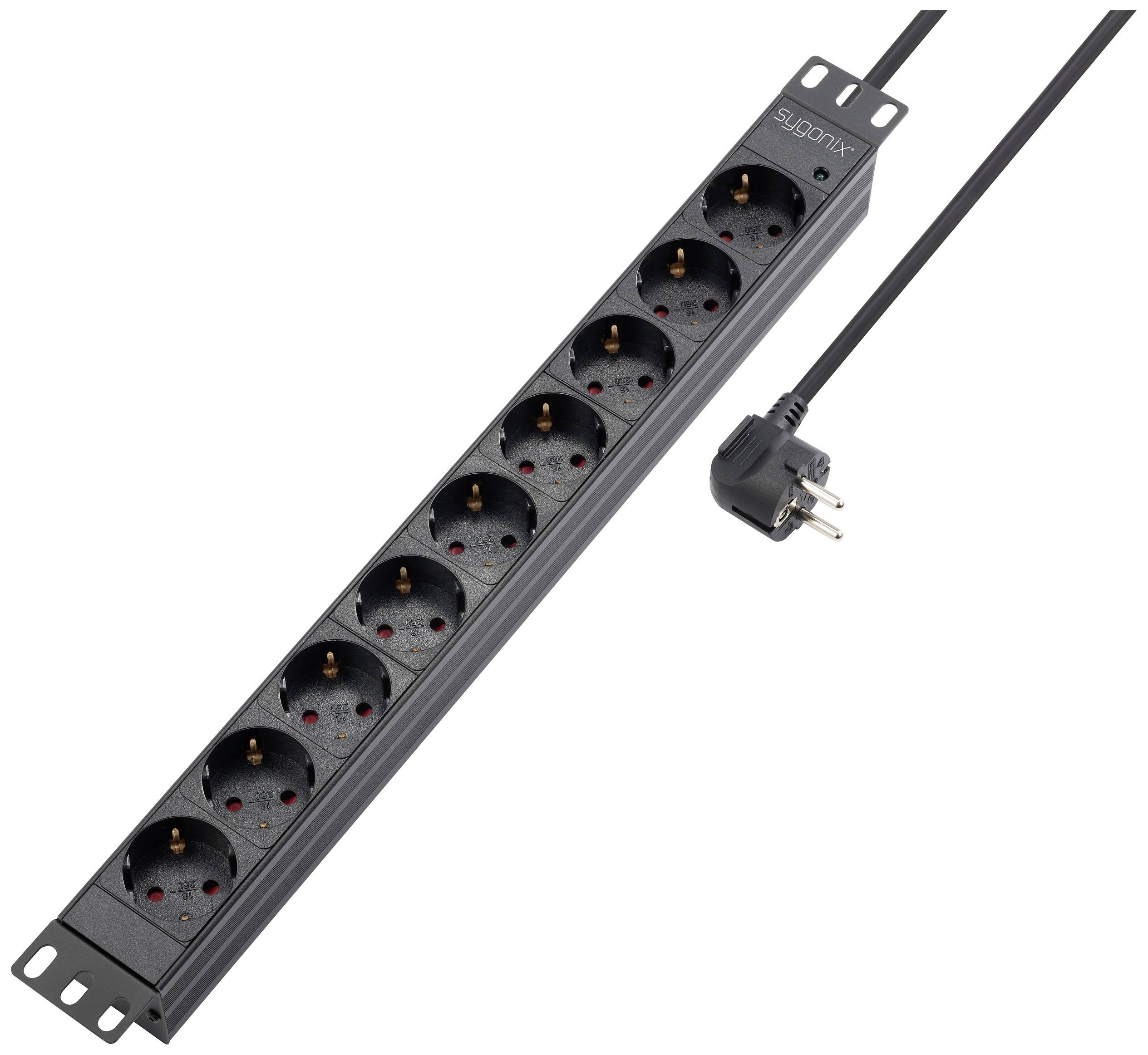 Steckdosenleiste mit acht schwarzen Schuko-Steckdosen und einem schwarzen Netzkabel mit einem Eurostecker. Geeignet für Rack-Montage.