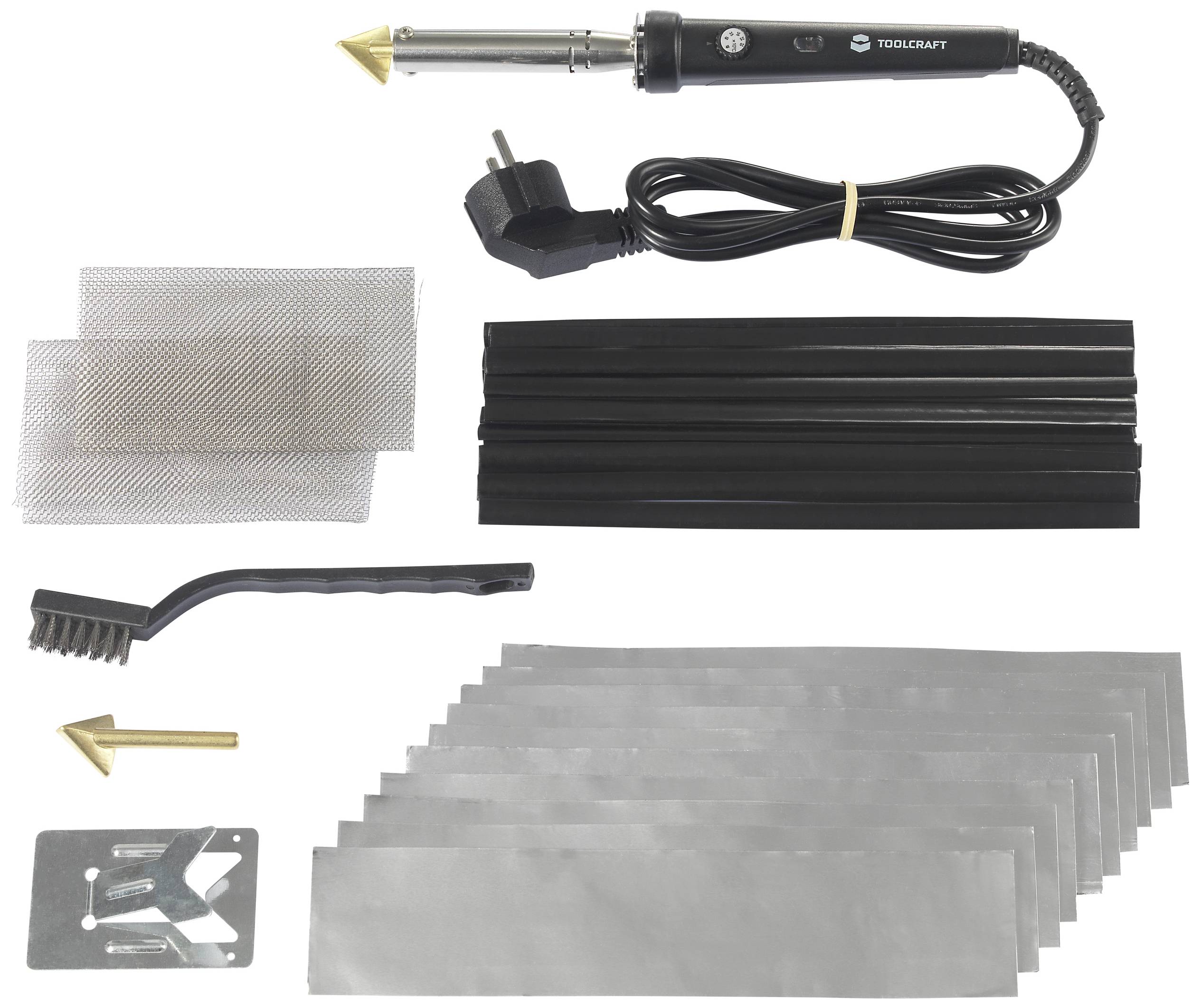 Lötkolben-Set mit Netzkabel, Lötkolbenständer, Bürste, Dreikantdüse, Alublechen und Gitterstücken. Ideal für Heimwerkerarbeiten.