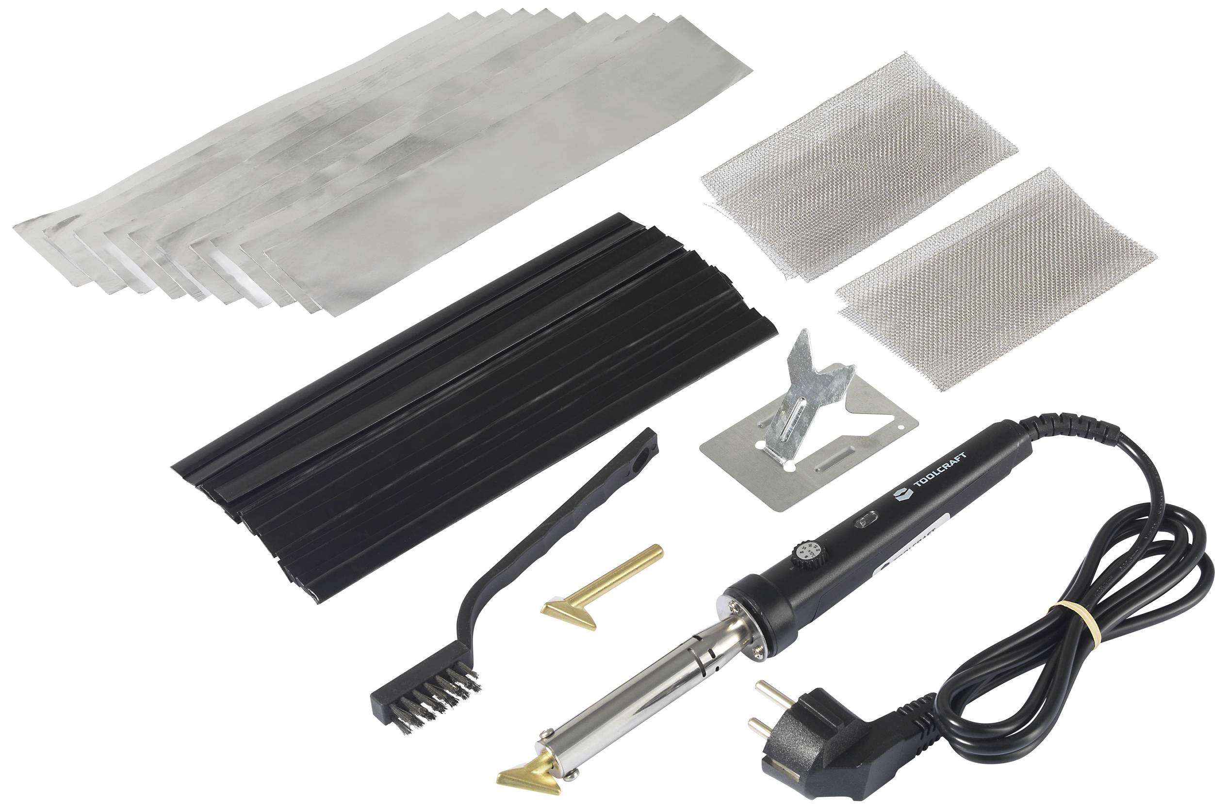 Lötkolbenset mit Lötkolben, Hitzeschilden, Schrumpfschläuchen, Reinigungsbürste und Netzstecker.