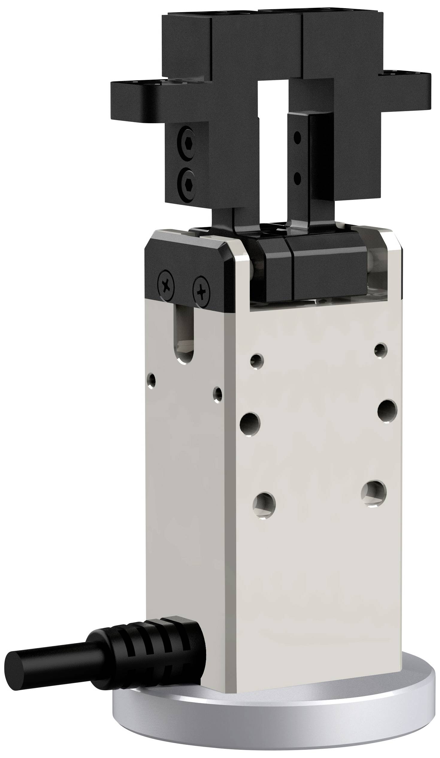 Ein silberner mechanischer Greifer auf einer runden Basis, verwendet für präzises Handling in automatisierten Systemen.