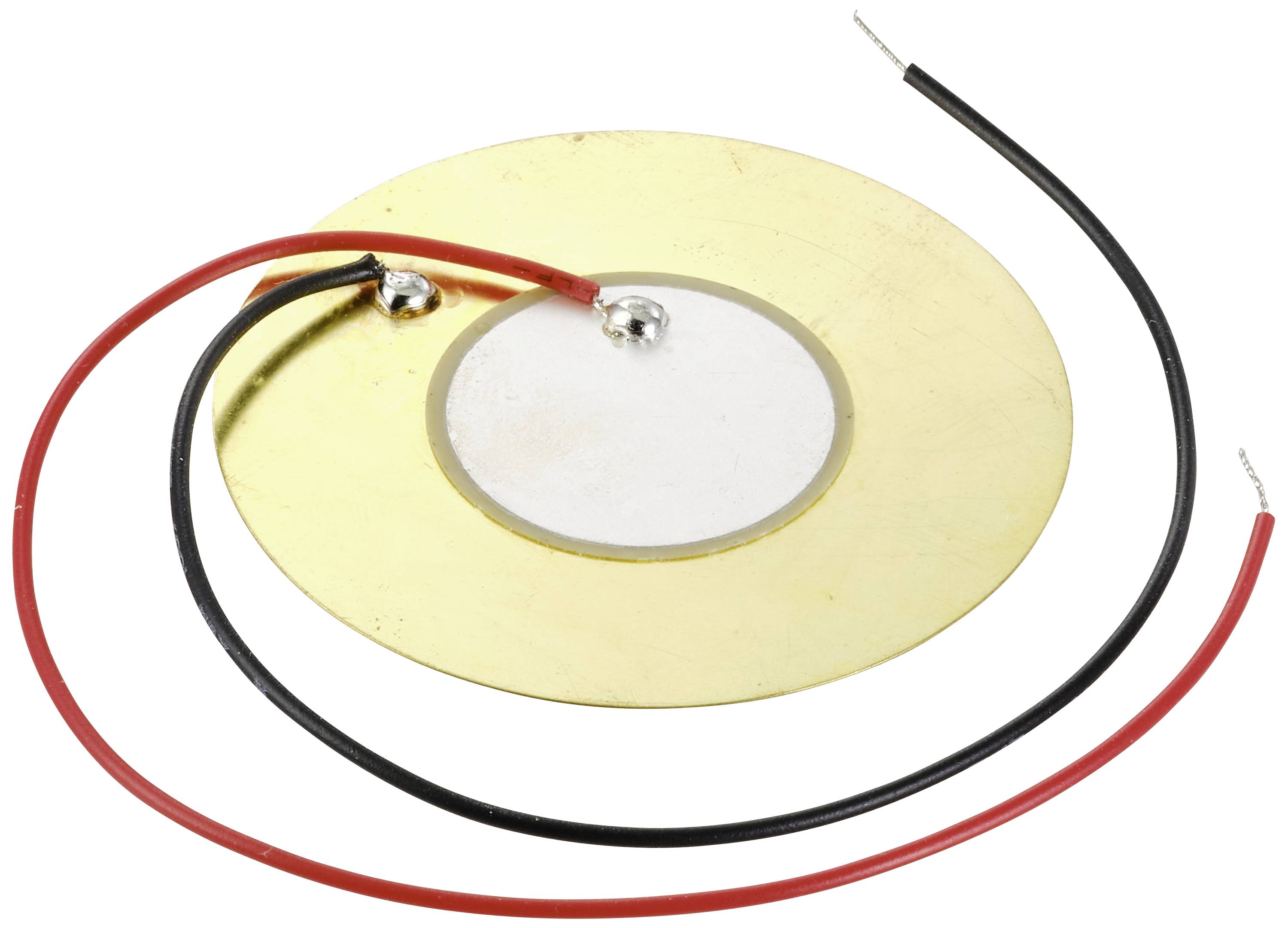 Ein runder, flacher Piezo-Summer mit einem goldfarbenen Metallgehäuse und zwei daran befestigten Kabeln, einem roten und einem schwarzen.
