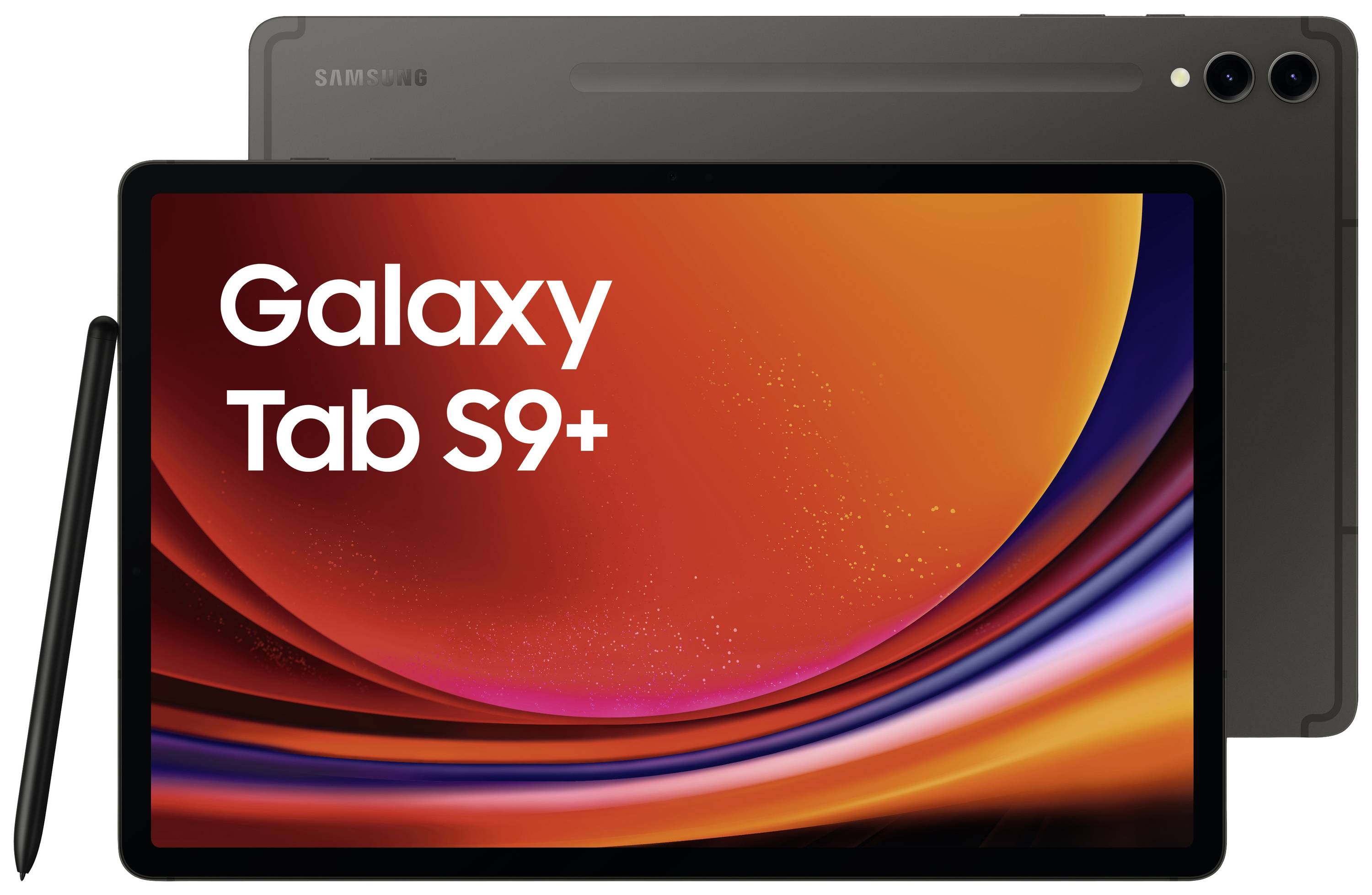 Tablet Galaxy Tab S9+ auf schwarzem Hintergrund mit Stylus. Vorderansicht zeigt leuchtendes Display mit rotem, dynamischem Muster.
