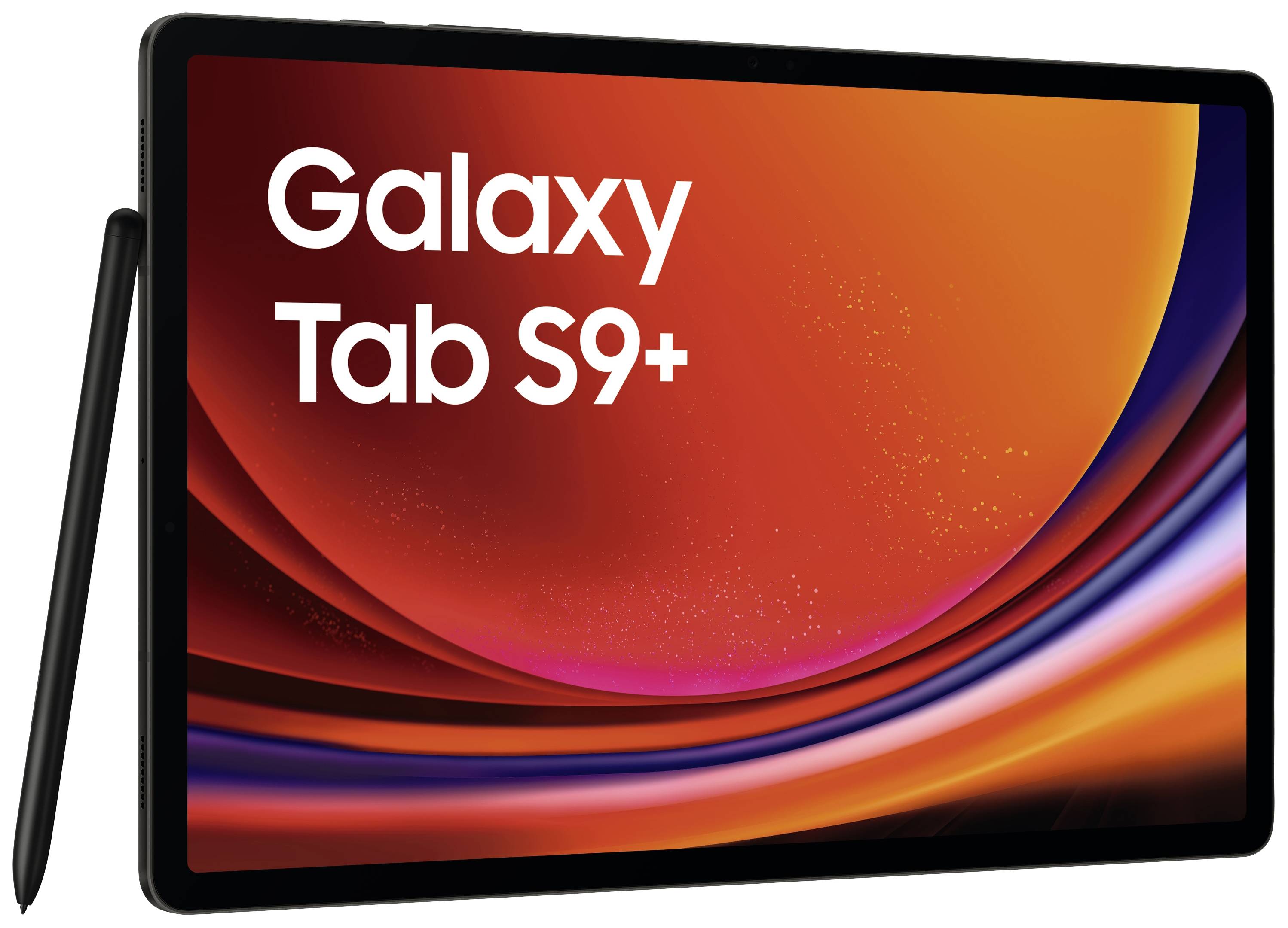 Tablet 'Galaxy Tab S9+' mit Stift, auf einem orange-roten Hintergrund.
