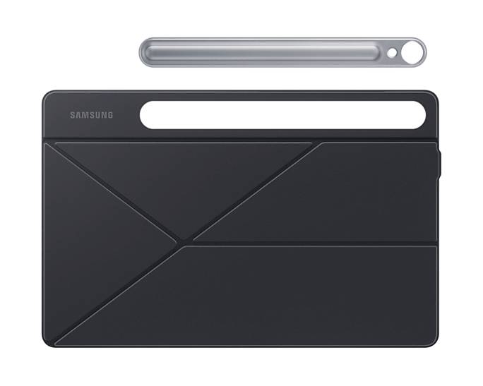 'Samsung'-Tablet-Schutzhülle in Schwarz mit faltbarem Design. Enthält einen grauen Bedienstift über der Hülle.
